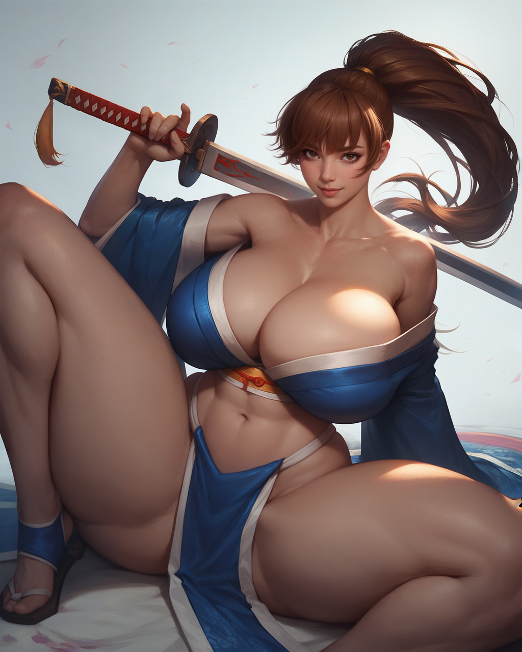 1girls abs ai_generated asian asian_female athletic_female big_breasts breasts_bigger_than_head c18aiart cleavage collarbone curvaceous curvaceous_female dead_or_alive eyes female female_abs female_only fit_female holding_object huge_breasts innie_belly_button kasumi_(doa) large_breasts light-skinned_female light_skin long_hair looking_at_viewer orange_hair ponytail sandals seductive seductive_pose shoulder_blades spread_legs squatting sword thick_thighs toned_legs toned_stomach voluptuous voluptuous_female wide_hips