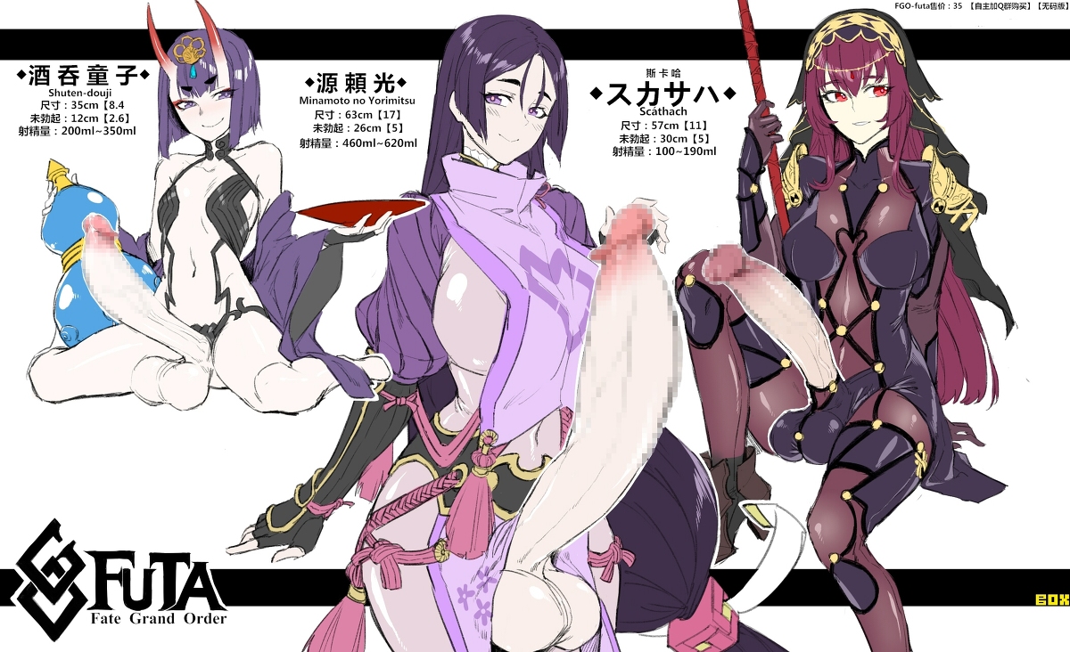 box20502017, erection, fate (series), fate/grand order, futa only, futanari, huge cock, intersex, measurements, minamoto no raikou (fate), penis, scathach (fate), shuten douji (fate), stats