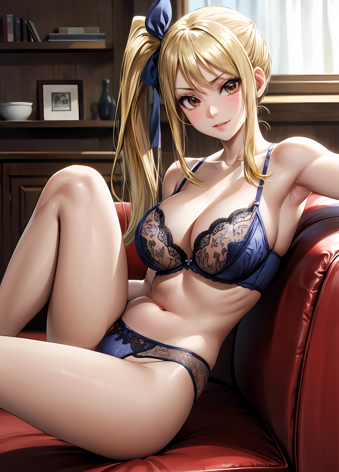 1girls, 2d, ai generated, athletic, athletic female, bare shoulders, belly, big breasts, blonde hair, breasts, breasts bigger than head, brown eyes, chest, curvy, curvy figure, cute, cute face, detailed, eyelashes, eyeshadow, fairy tail, female, female only, fit, fit female, focus, high quality, huge breasts, indoors, large breasts, legs, light skin, light-skinned female, lingerie, lips, lipstick, looking at viewer, lucy heartfilia, makeup, mascara, mature, midriff, naked, navel, pale skin, pale-skinned female, posing, seductive, seductive look, sitting, spread legs, stable diffusion, tagme, thighs, yellow hair