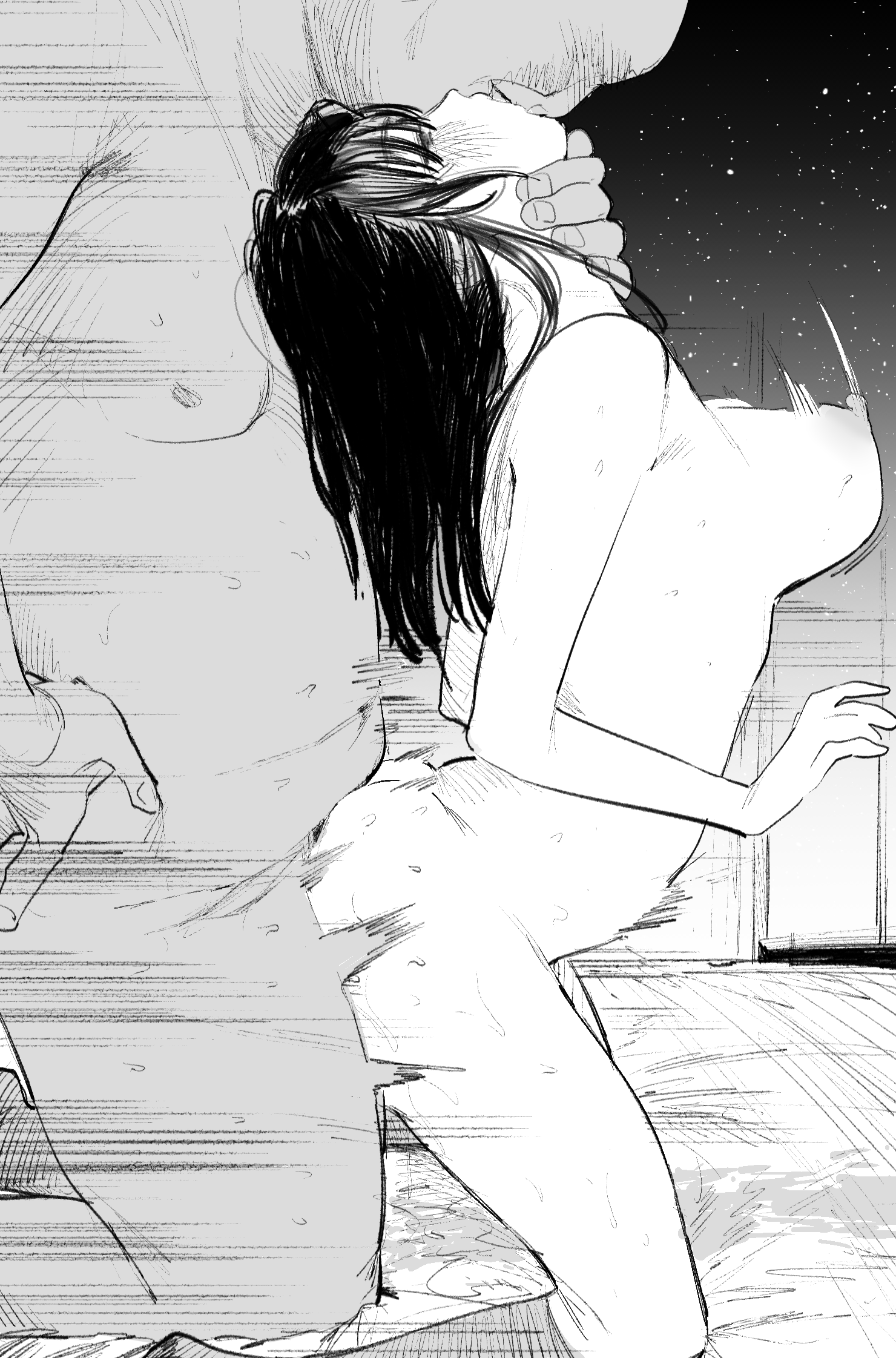 1boy, 1girls, abdominal bulge, adult and teenager, age difference, blush, bouncing breasts, breasts, completely nude, deep penetration, fat male, female, from behind, from behind position, kissing, kissing while penetrated, kneeling, long hair, male, momokumo, monochrome, motion lines, nipples, nude, nude female, older male, older male and younger female, older penetrating younger, on bed, perky breasts, puffy nipples, rough sex, sex, sex from behind, size difference, stomach bulge, sweat, sweating, sweaty, sweaty body, teenage female, teenager, thrusting, tummy bulge, young, younger female