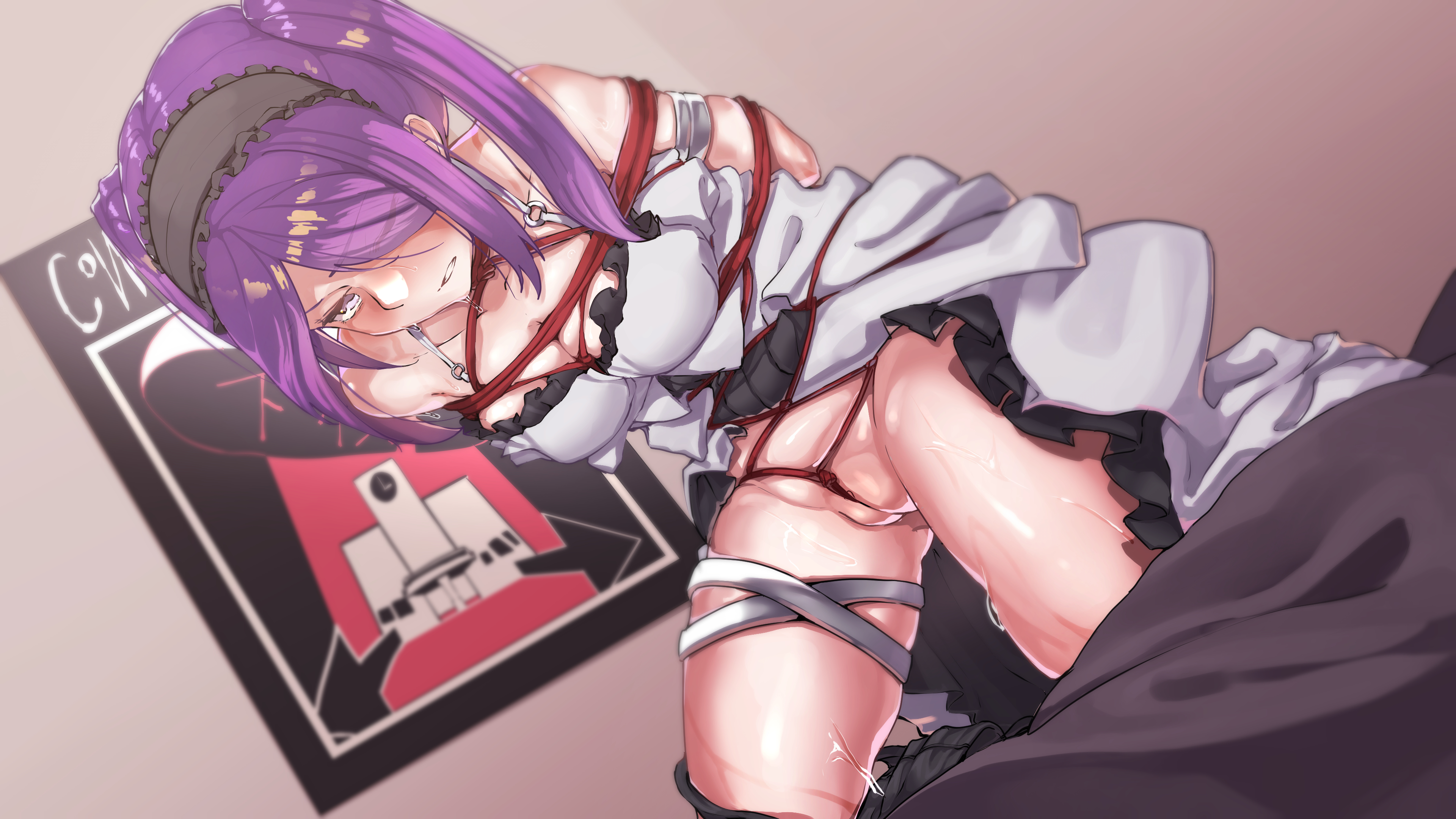 1girls, arms behind back, bondage, breasts, cleavage, dress, euryale, euryale (fate), fate (series), fate/grand order, female, hair over one eye, hanazawa suou, kneeling, nopan, partially visible vulva, pussy, restrained, rope, rope bondage, solo, wallpaper