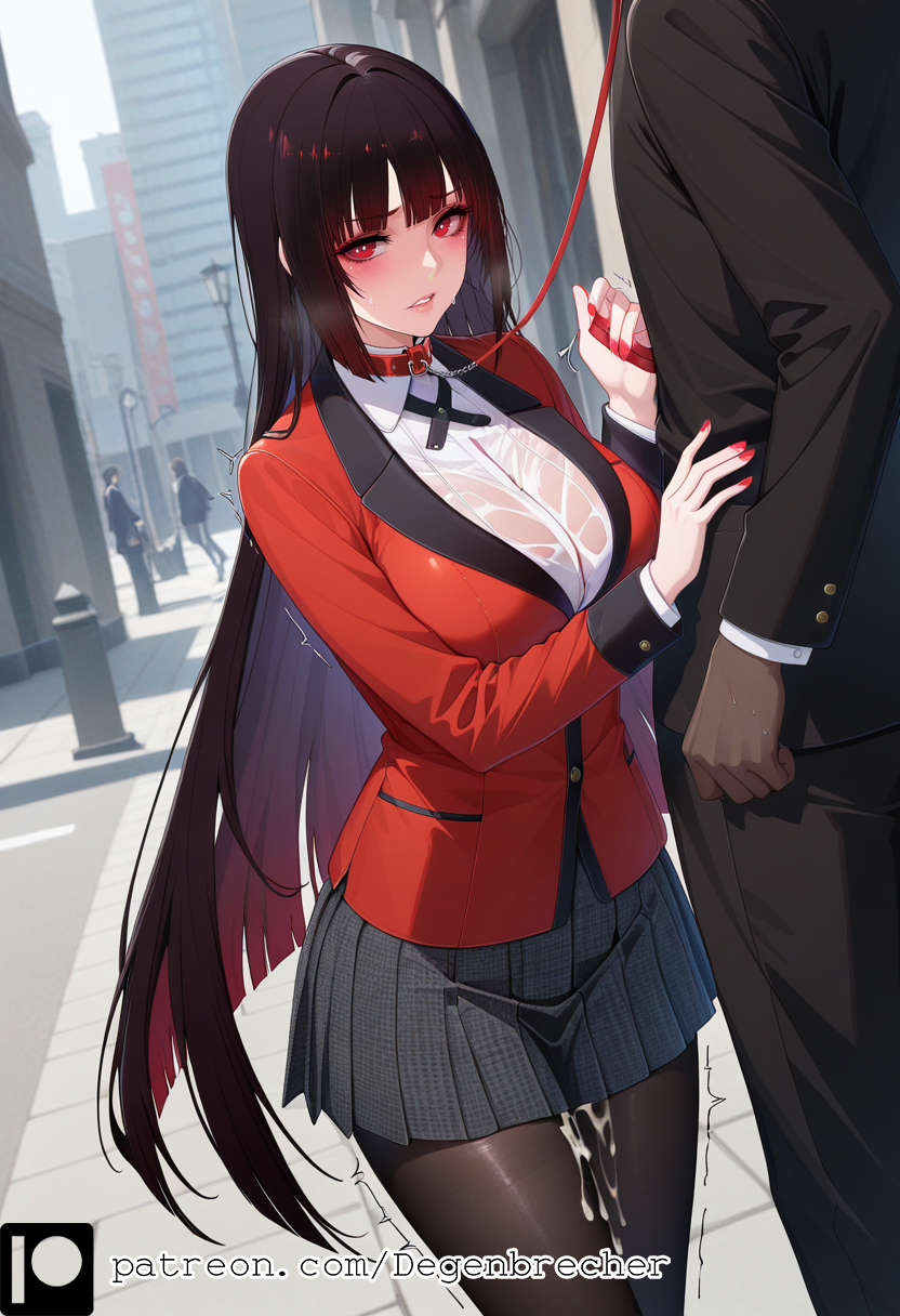 1girls after_sex ai_generated big_breasts black_hair black_pantyhose blunt_bangs cumdrip dark-skinned_male degenbrecher female jabami_yumeko kakegurui pantyhose patreon patreon_username red_eyes red_jacket school_uniform skirt street submissive submissive_female subscribestar subscribestar_username uncensored white_shirt