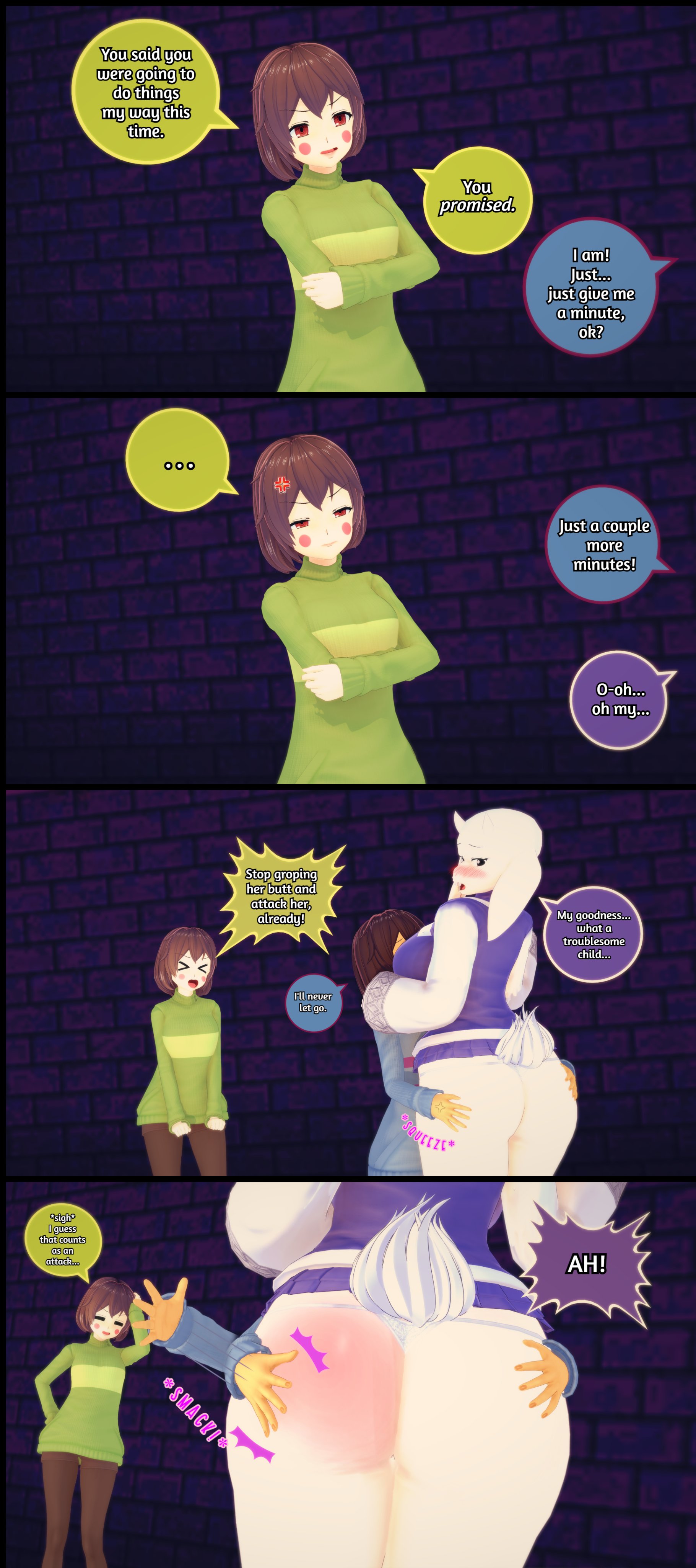 3d, 3d (artwork), 3d model, ass, ass grab, chara, embarrassed, female, female chara, female frisk, female/female, frisk, grope, human, koikatsu, masochism, peterjobless62, spanking, toriel, undertale, undertale (series)