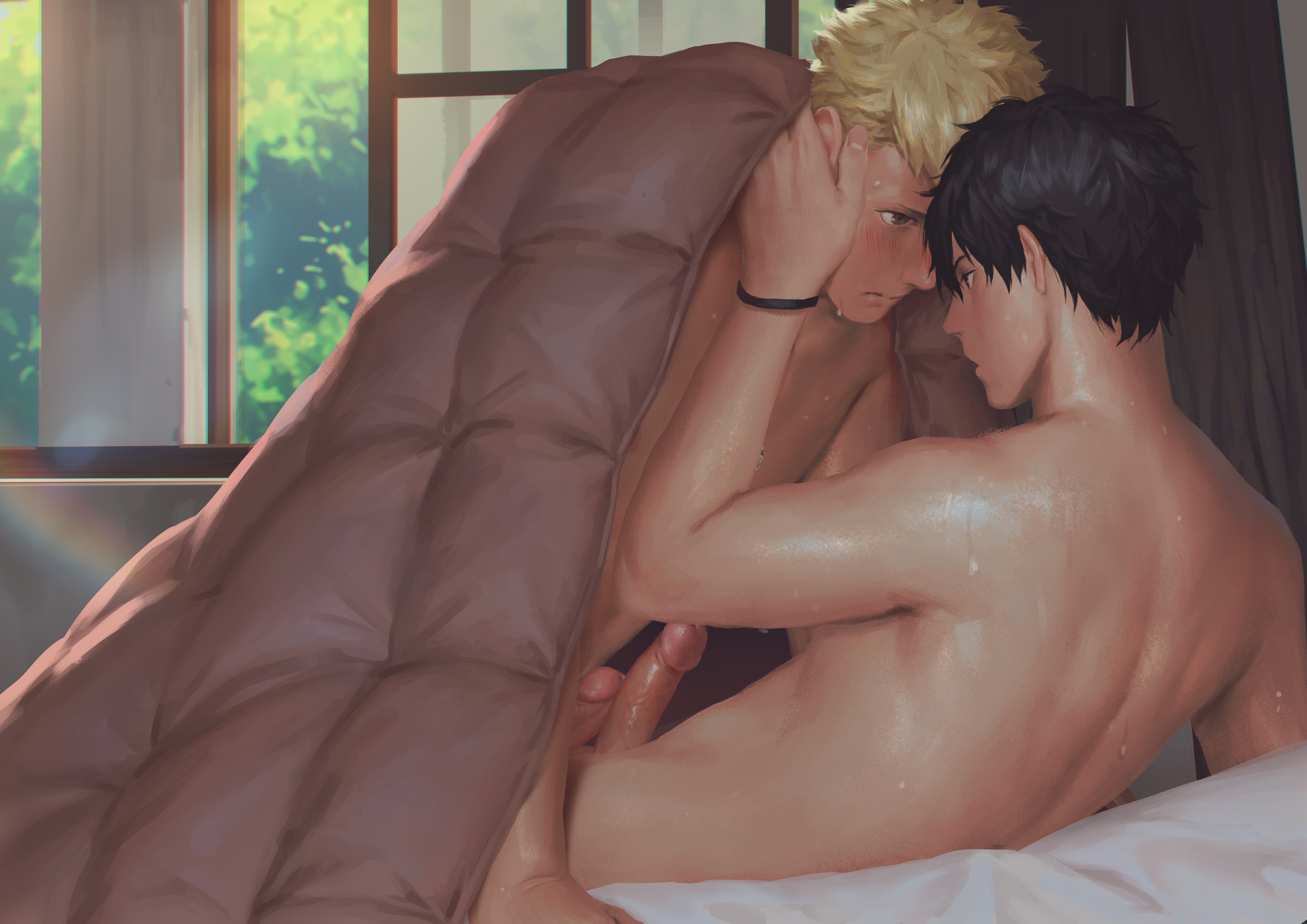 2boys, atlus, bed, bedroom, black hair, blonde hair, blush, erection, frottage, gay, lying, male, male only, megami tensei, multiple boys, multiple males, nude, penguin frontier, penis, persona, persona 5, ren amamiya, ryuji sakamoto, shin megami tensei, sweat, tagme, uncensored, yaoi