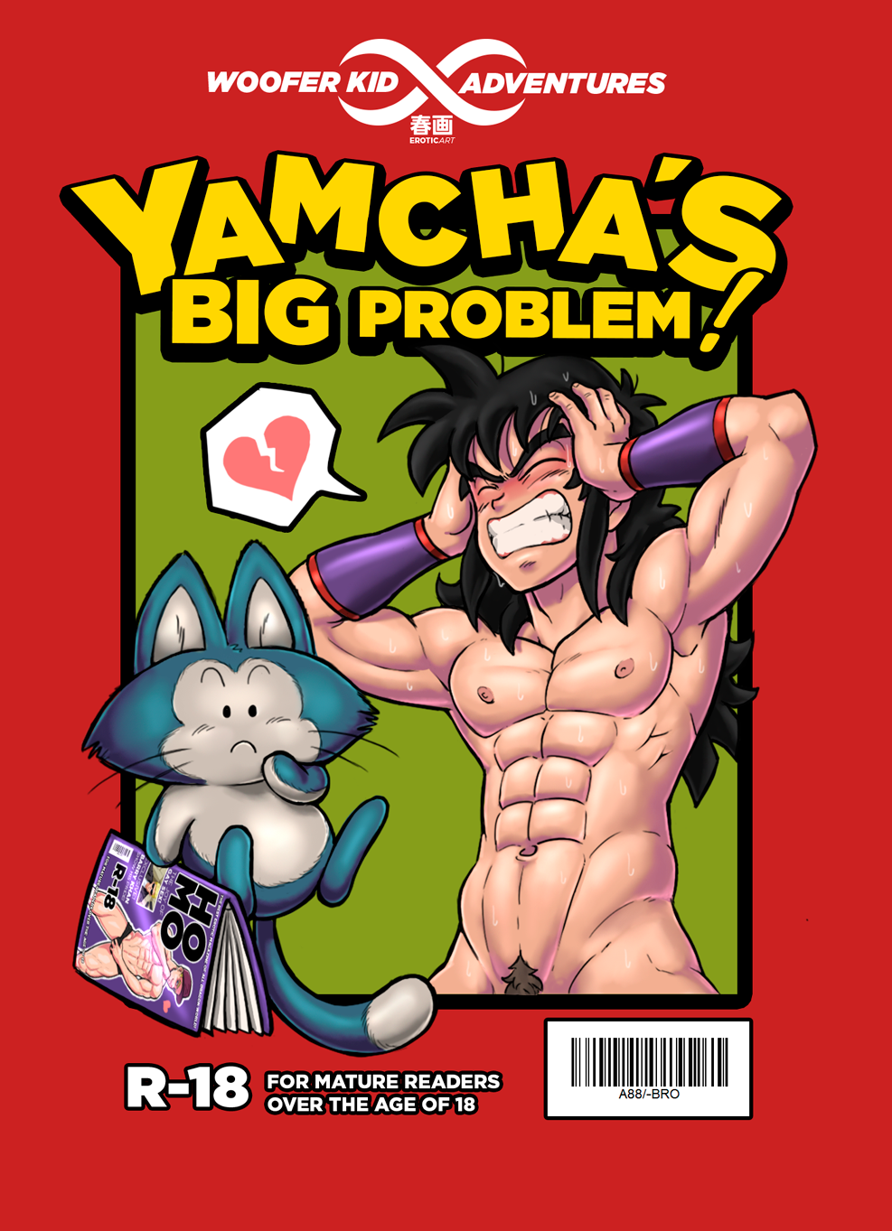 bara black_eyes black_hair blonde_hair comic doujin_cover dragon_ball dragon_ball_z first_time gay male_only manga multiple_boys muscle muscles muscular pecs ripped woofer_kid wooferlicke wooferlicke_(artist) yamcha yamcha's_big_problem yaoi