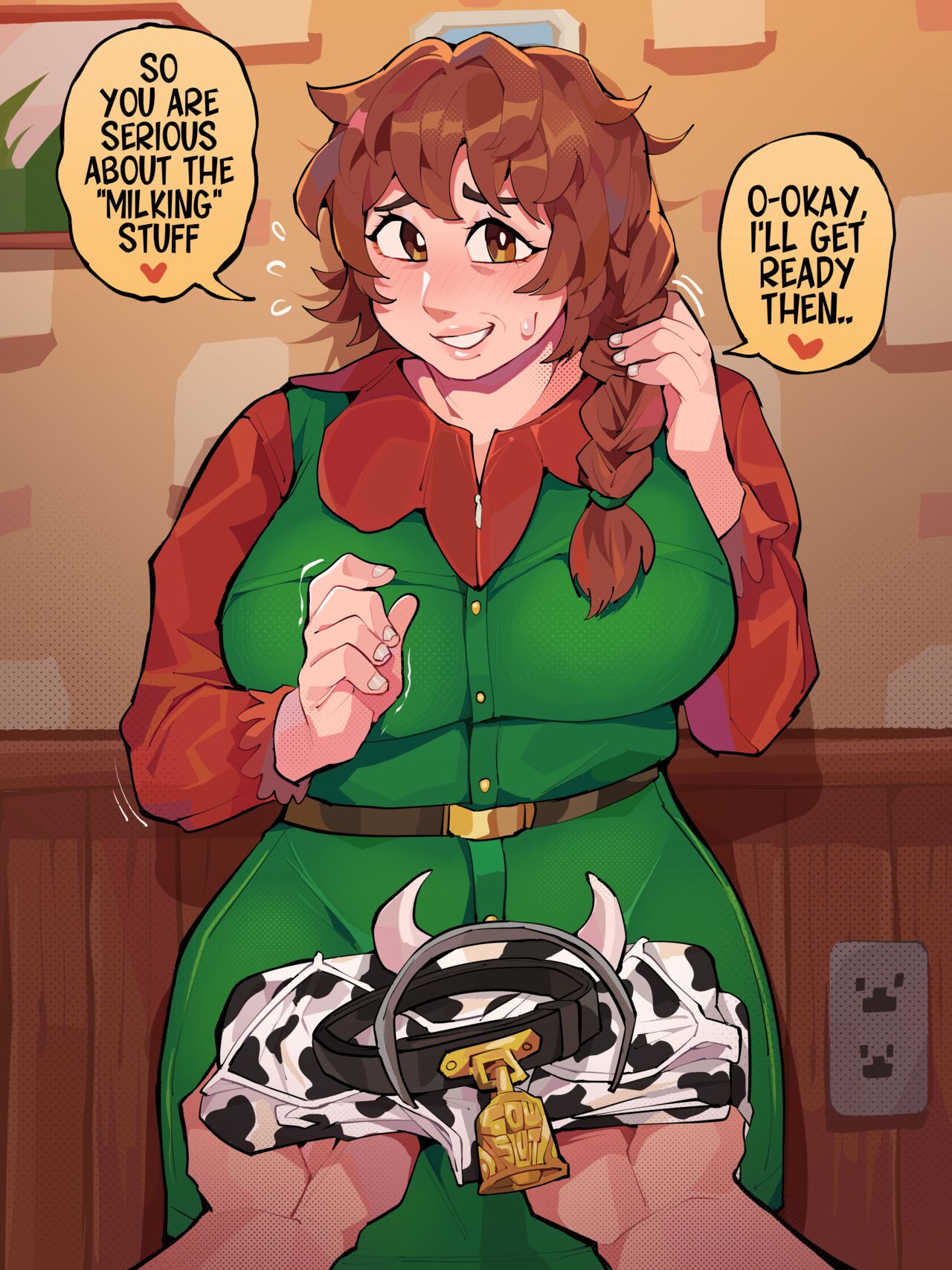 bdsm big_breasts big_thighs cow_bikini cow_horns cowbell diforland english_text gift hucow marnie_(stardew_valley) milf petplay shy_smile stardew_valley text_bubble