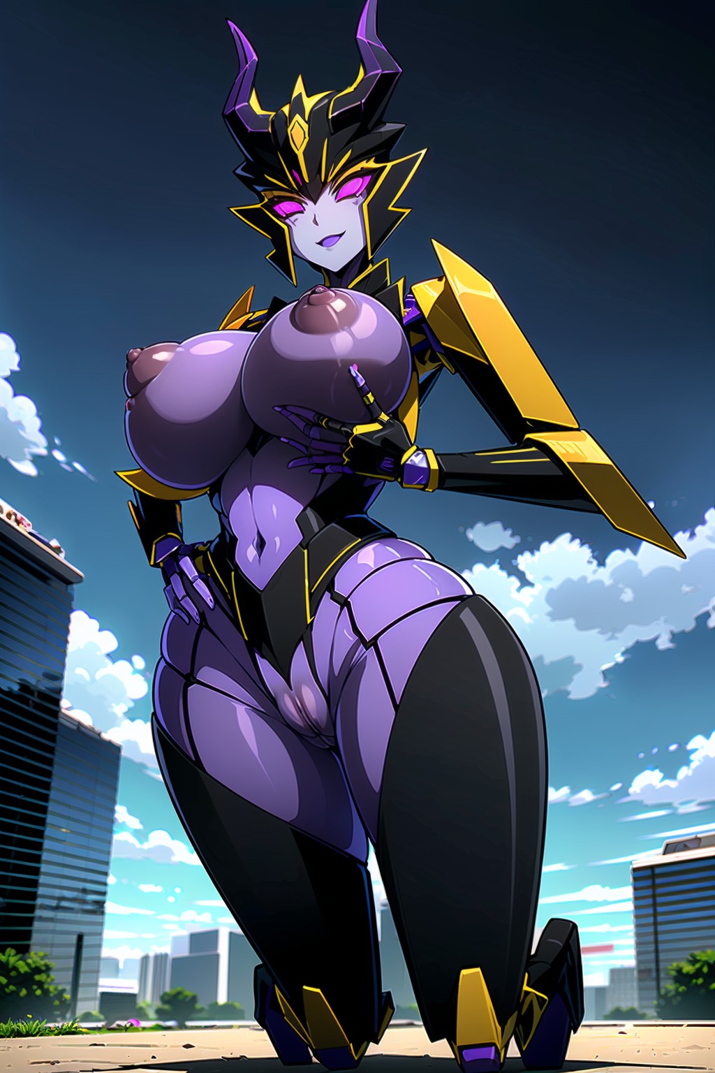 ai_generated airachnid armor armored_female big_breasts blush cybertronian female nipples purple_nipples purple_pussy robot_girl roger1011 transformers transformers_prime