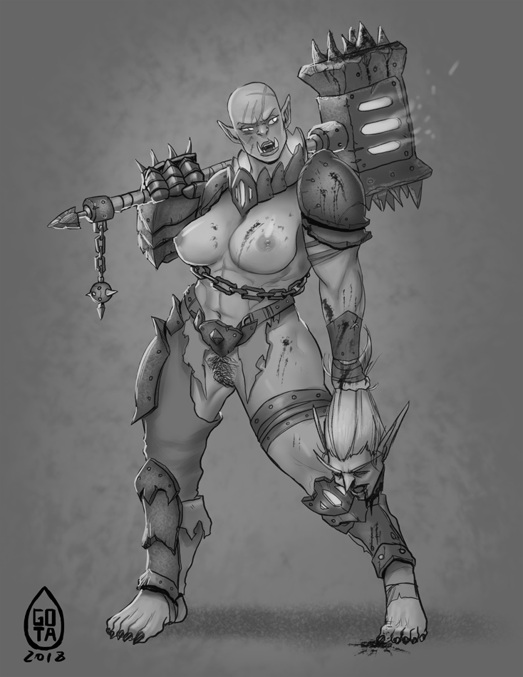 2018 abs areolae armor barefoot belt blackhand blizzard_entertainment blood blood_on_weapon breasts chains dated disembodied_head facial_scar feet female female_only female_pubic_hair front_view full_body functionally_nude gauntlets genderswap genderswap_(mtf) gotalex greyscale hammer holding_weapon humanoid large_breasts legband melee_weapon monochrome muscles muscular_female nipples orc orc_female plate_armor pubic_hair pussy rule_63 scar severed_head sharp_toenails shin_guards shoulder_armor signature solo spikes standing stirrup_legwear toeless_footwear toes torn_clothes tusks warcraft warhammer_(weapon) weapon weapon_over_shoulder world_of_warcraft