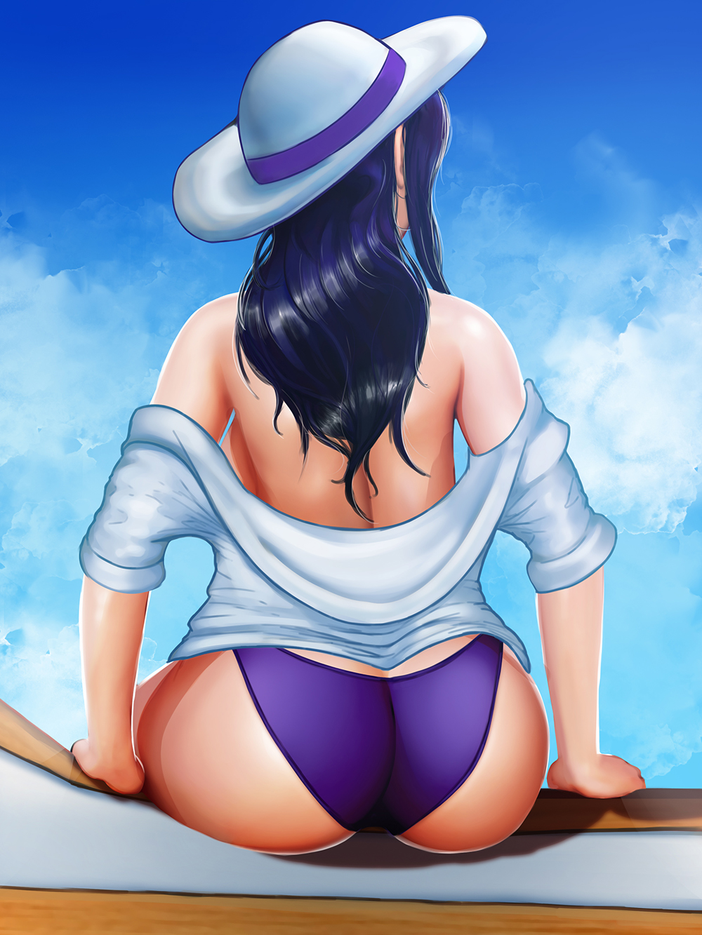 1girls, aethosart, ass, back, bare shoulders, big ass, bikini bottom, blue background, blue hair, breasts, caitlyn kiramman, cleavage, female, female only, from behind, hat, huge ass, league of legends, panties, pool party caitlyn, pool party series, sideboob, sitting, solo, topless