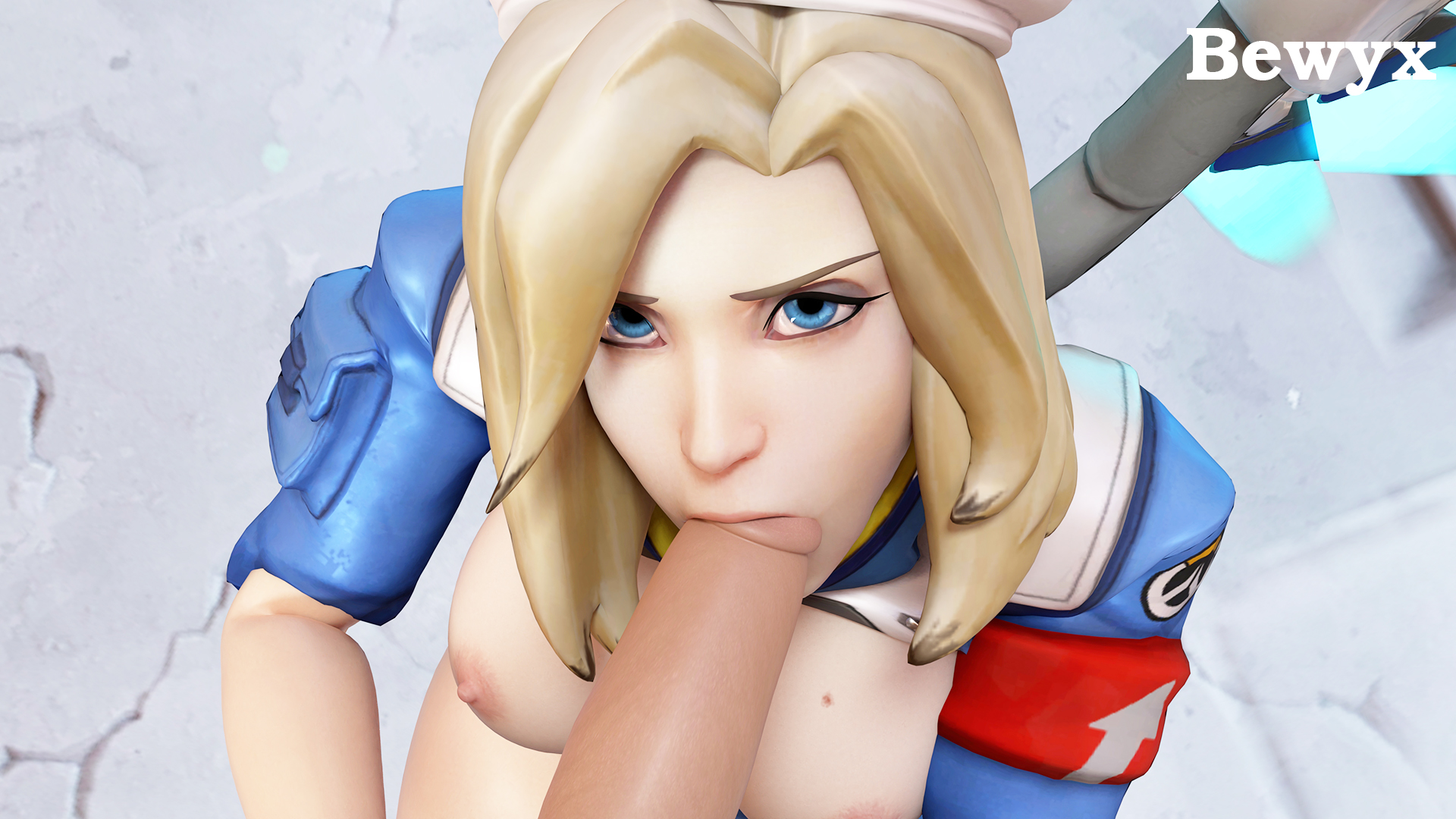3d, alternate costume, beret, bewyx, blender, blizzard entertainment, blonde hair, blue eyes, breasts, combat medic ziegler, duo, fellatio, female, looking at viewer, male, male pov, mercy, oral, overwatch, penis, pov, straight, tagme