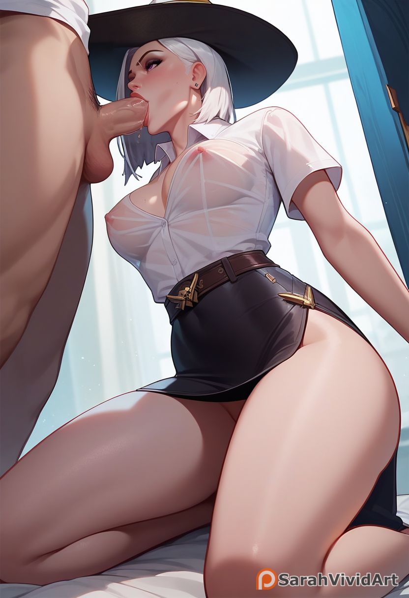 1boy 1girls ai_generated ashe_(overwatch) belt black_skirt blizzard_entertainment blowjob blush braless button_down_shirt clothed collared_shirt cowboy_hat deepthroat earrings erect_nipples eyebrow_slit faceless_male fellatio female from_below kneeling medium_breasts nipple_bulge nipples_visible_through_clothing no_bra oral overwatch overwatch_2 pubic_hair sarahvividart seductive see-through see-through_shirt short_hair skirt sucking_penis white_hair white_shirt