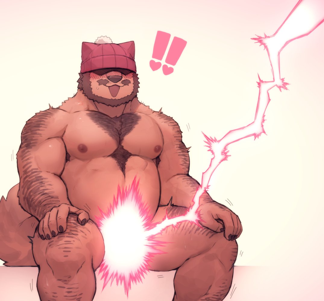 bara body_hair censored_genitalia exclamation_point eyes_covered facial_hair furry john69tsuyoshi lightning_bolt looking_surprised male_only mr_knit_hat quiver shocked_expression