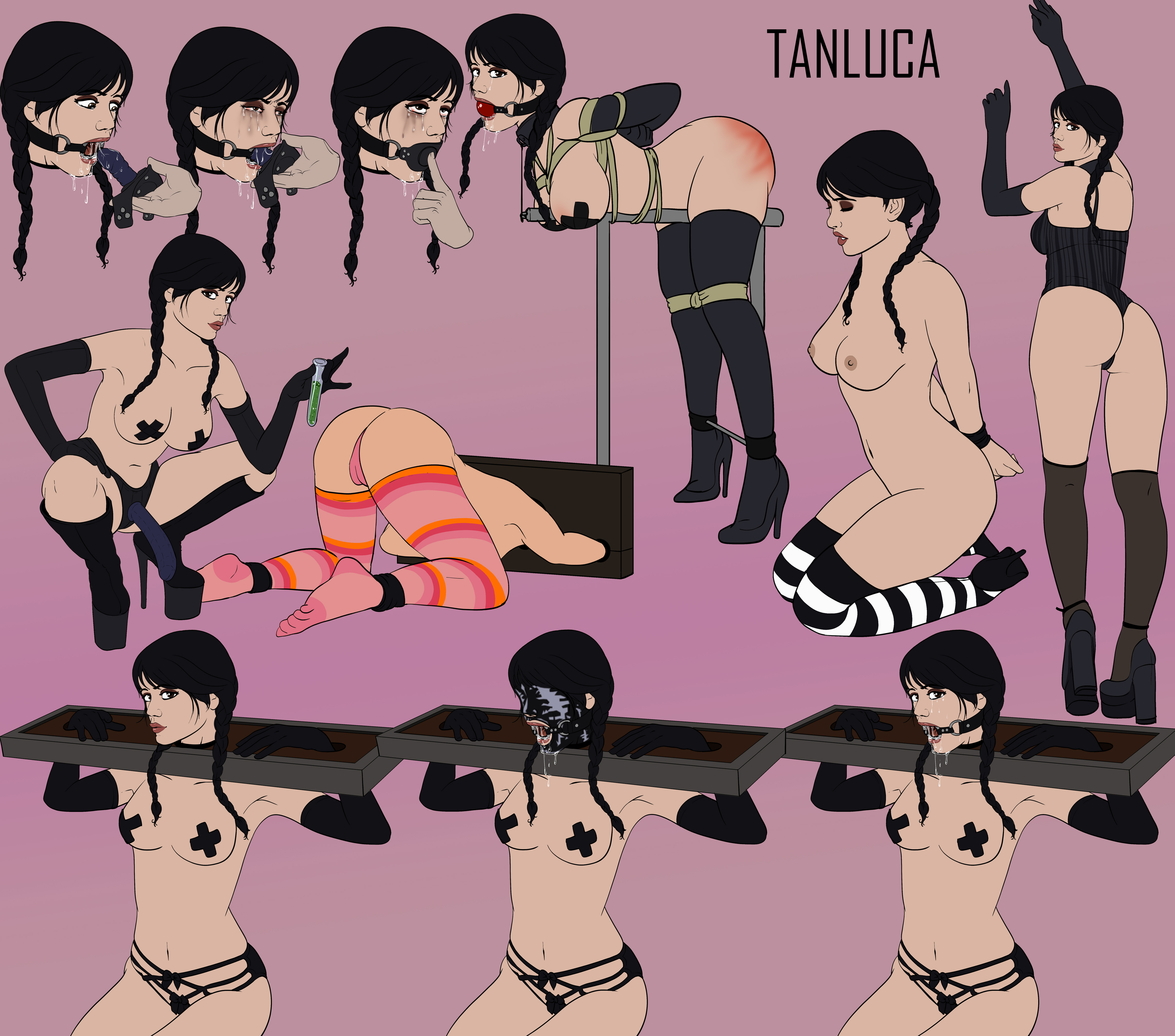 1girls, 2girls, bent over, bondage, celebrity, deepthroat, deepthroat gag, dildo gag, female, gag, gagged, gagged female, jenna ortega, multiple poses, nipple pasties, open mouth gag, real person, ring gag, simple background, spreader bar, tagme, tanluca art, the addams family, tied up, wednesday (netflix), wednesday addams