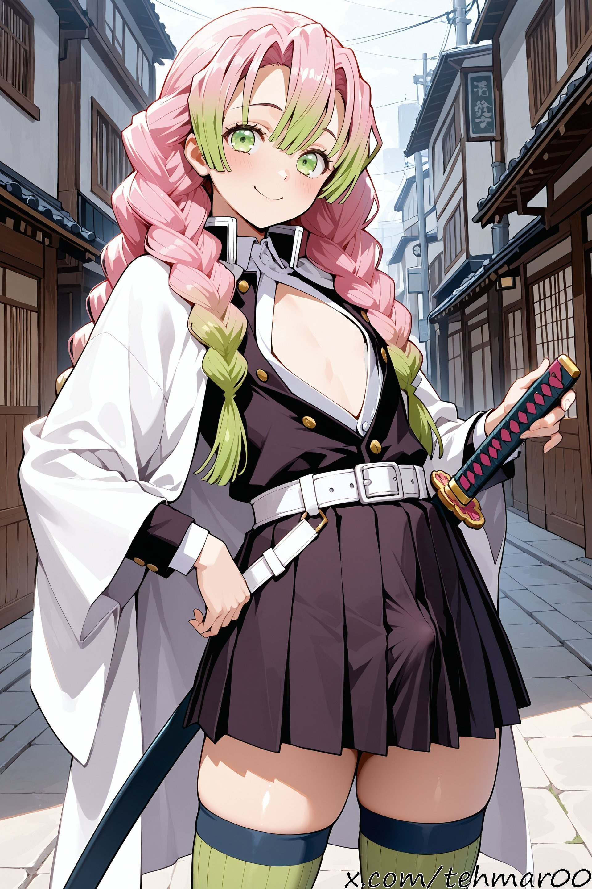 1boy, ai generated, belt, black jacket, black skirt, blush, braid, bulge, closed mouth, coat, cowboy shot, day, demon slayer, demon slayer uniform, erection, femboy, genderswap (ftm), gradient hair, green eyes, green hair, green thighhighs, haori, holding, japanese clothes, kanroji mitsuri, katana, kimetsu no yaiba, long hair, long sleeves, looking at viewer, male, male mitsuri, multicolored hair, outdoors, partially unbuttoned, pink hair, pleated skirt, rule 63, sheath, skirt, smile, solo, sword, tagme, tehmar, thighhighs, thighs, trans woman, transfem, trap, uniform, weapon, zettai ryouiki