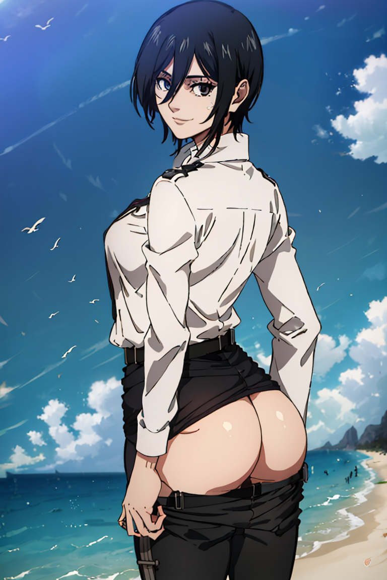 1girls, ai generated, aindroidparanoid, ass, attack on titan, beach, black hair, female, female only, huge ass, mikasa ackerman, pants, pants down, round ass, round butt, sand, scar, scarf, sea, shingeki no kyojin, shirt, showing ass, smile, stable diffusion