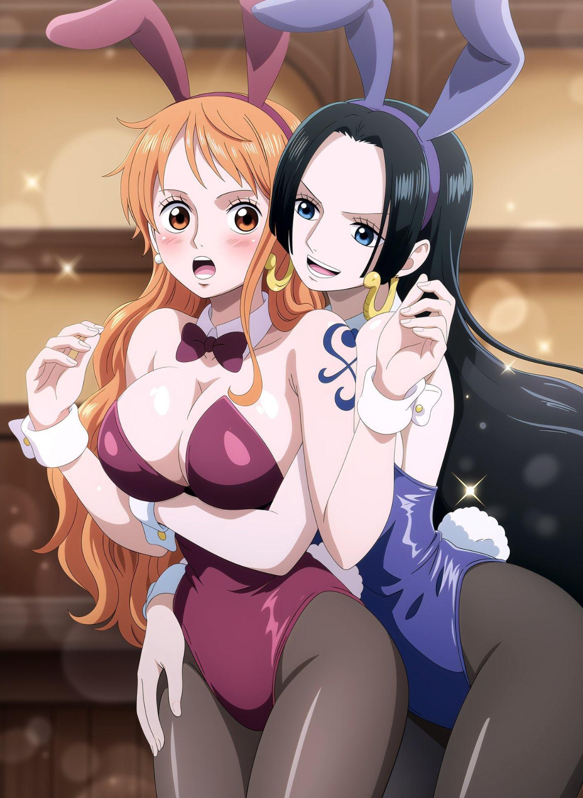 2girls, ai generated, arm tattoo, big breasts, black hair, black-haired female, blue tattoo, boa hancock, boobs pressed, breasts, bunny ears, bunny girl, bunnysuit, female, female focus, female only, jemmasoria, jenmna, nami (one piece), one piece, orange hair, orange-haired female, post-timeskip, sweat, sweaty breasts, tattoo, tongue, tongue out, yuri