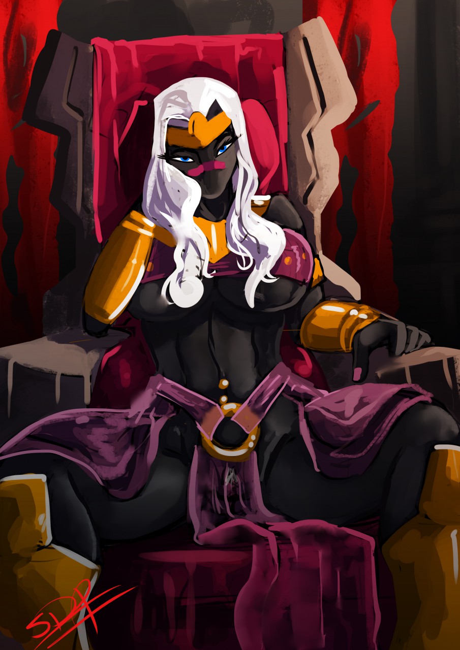 black_skin breasts brokencreation_(artist) djpuppeh duck_dodgers loincloth piercing pubic_hair pussy queen_tyr'ahnee sitting solo solo_female transparent_clothing underboob white_hair