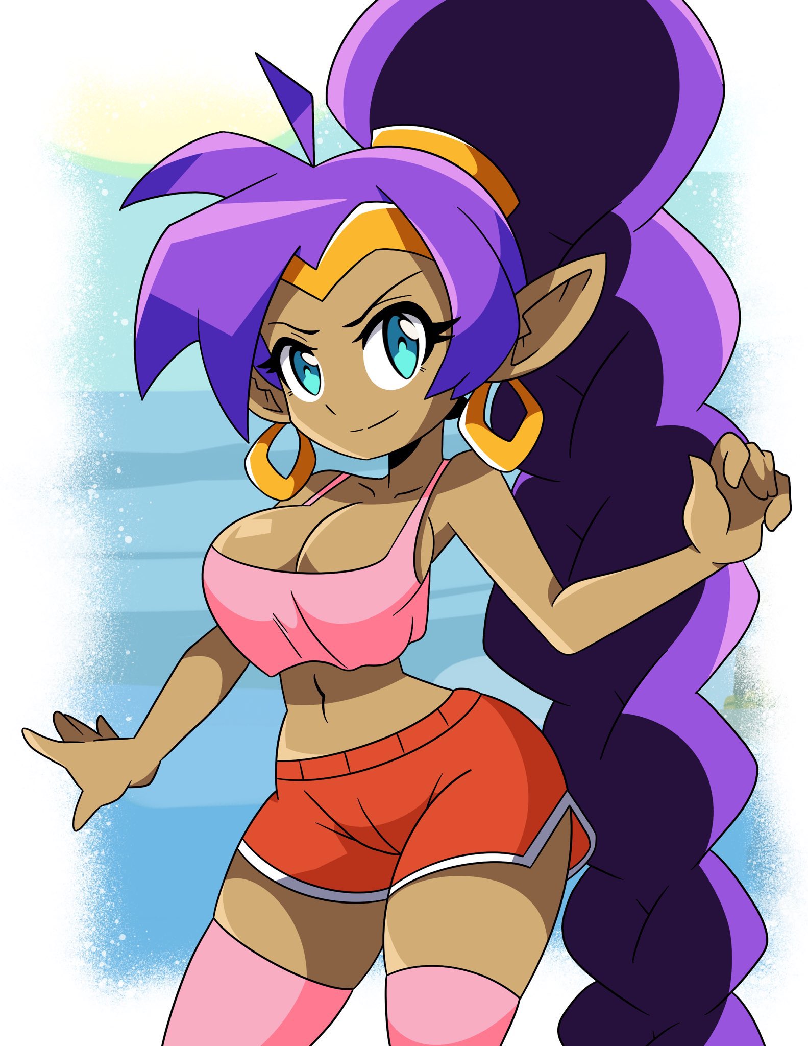 1girls, accurate art style, armpits, arms behind head, big breasts, bikini, blush, breasts, busty, child bearing hips, cleavage, female, female only, grey hair, highres, inchhighjedi, large breasts, legs, long hair, looking at viewer, navel, pink eyes, pink lips, posing, purple bikini, purple hair, seductive smile, sensual, sexy armpits, shantae, shantae (character), smile, solo, swimsuit, thick thighs, thighs, thong bikini, toned, twintails, voluptuous