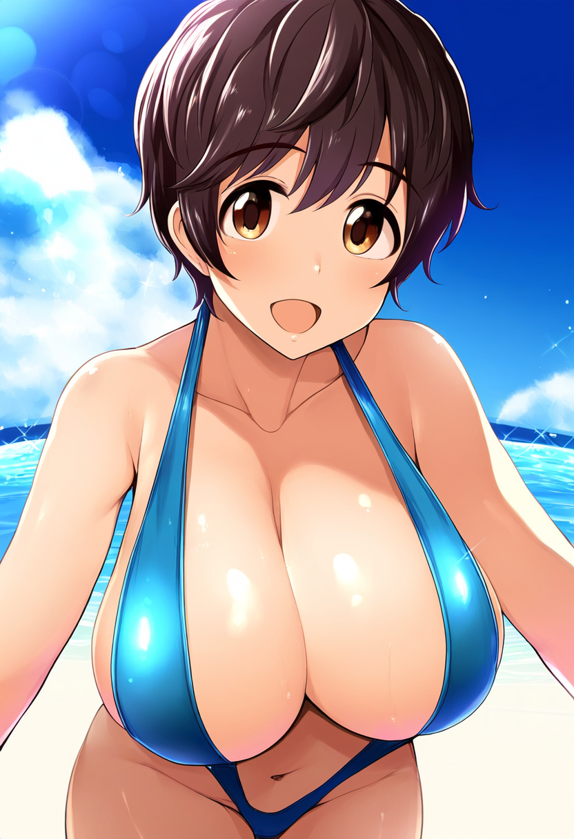 :d ai_generated big_breasts bikini brown_eyes brown_hair cleavage collarbone huge_breasts idolmaster idolmaster_cinderella_girls keinovelnovelai oikawa_shizuku revealing_clothes short_hair