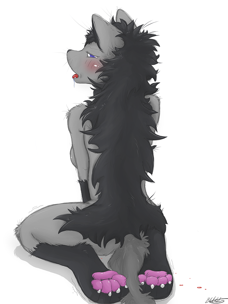 3:4 anthro anthrofied biped blackfury blood bodily_fluids breasts female generation_3_pokemon hindpaw kneeling mammal mightyena nintendo pawpads paws pokemon pokemon_(species) pokemorph saliva shaking side_boob simple_background solo tail tongue white_background