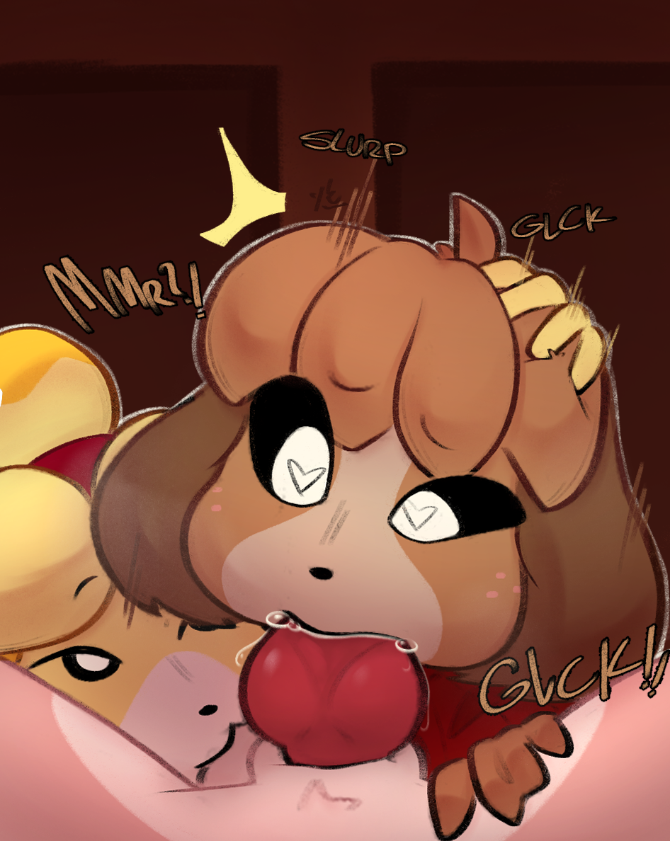 animal_crossing animal_genitalia animal_penis anthro ball_suck balls big_penis bodily_fluids bottomwear brother_(lore) brother_and_sister_(lore) brown_body canid canine canine_genitalia canine_penis canis clothed clothing crossdressing digby_(animal_crossing) domestic_dog fellatio female fur gay genitals group hair hand_behind_head hand_on_head heart-shaped_pupils heart_eyes heart_symbol huge_cock indirect_incest_(lore) isabelle_(animal_crossing) knot knotted_penis male male/female male/male mammal nintendo oral penile penis saliva sex shih_tzu sibling_(lore) simple_background sister_(lore) sucking text tofuuu toy_dog trio yellow_body yellow_fur