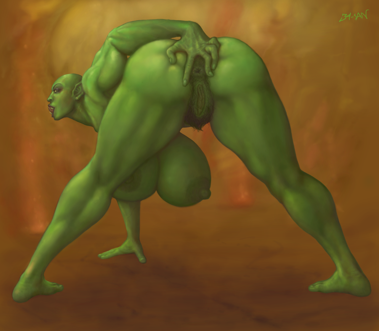 34-san, anus, areola, ass, backpussy, bad anatomy, bald, big ass, breasts, female, hairy pussy, hanging breasts, hips, huge breasts, large breasts, licking lips, looking at viewer, looking back, muscular, muscular female, nipples, orc, orc female, presenting anus, presenting pussy, pubic hair, pussy, solo, spread anus, spread legs, thick thighs, thighs, tusks, world of warcraft