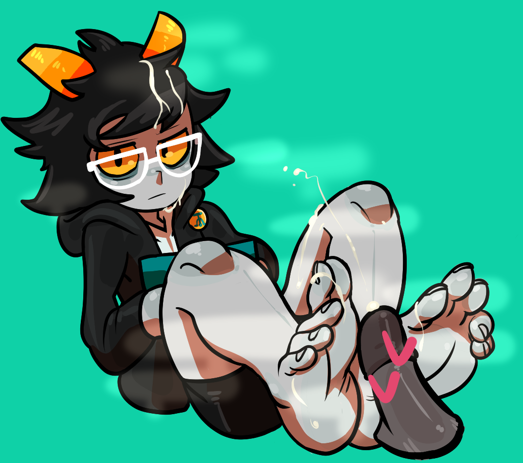 1boy 1girls after_sex black_hair blush censored clothing cum cum_between_toes cum_on_face disembodied_penis footjob glasses grey_skin hiveswap horns ms_paint_adventures reathroch short_hair smelly_feet steam straight sweat sweaty_feet teal_background troll tyzias_entykk upset yellow_eyes