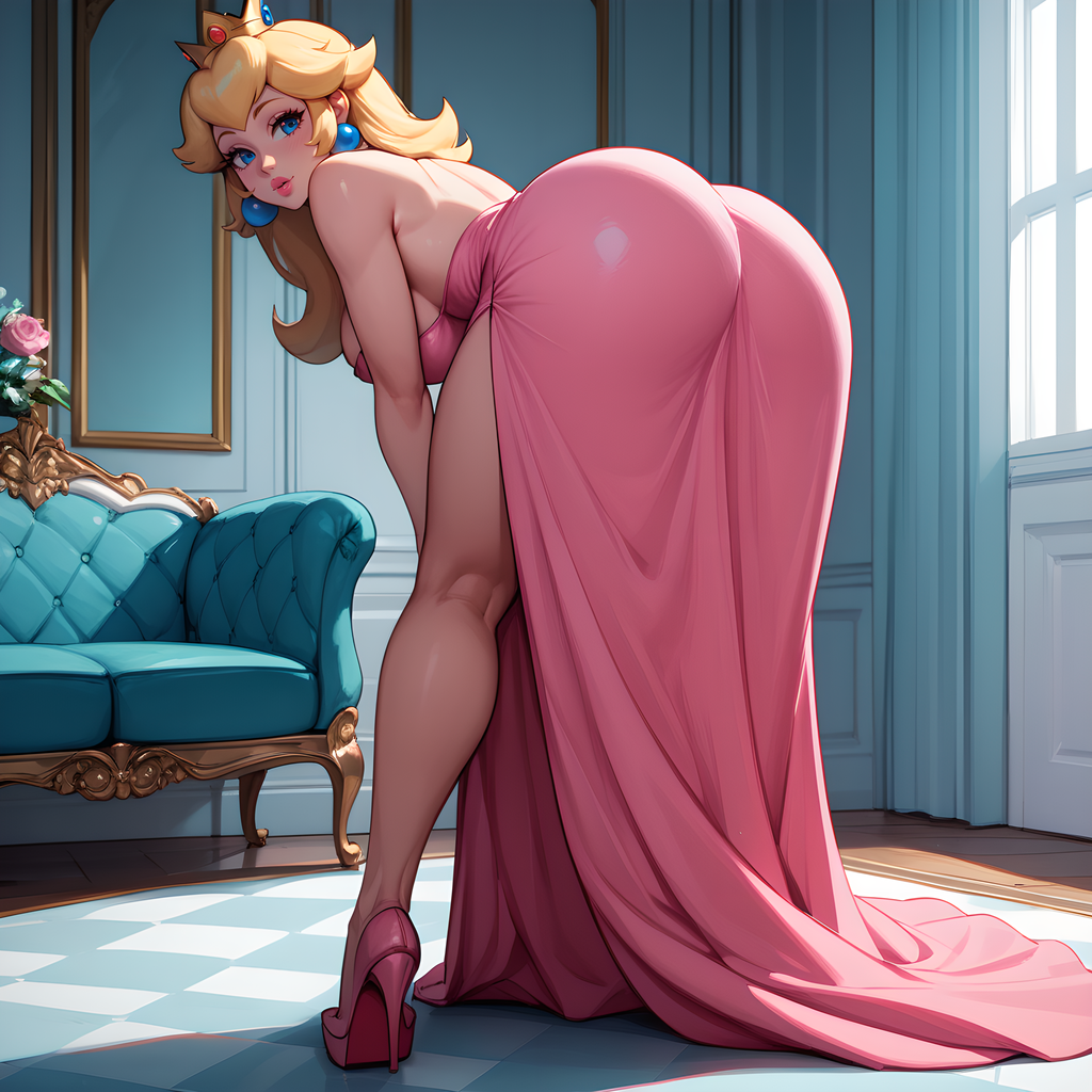 1:1 ai_generated alluring bending_over big_ass big_breasts blonde_hair blue_eyes couch eogard_orc fair_skin female high_heels mario_(series) nintendo pink_dress pink_lips princess_peach seductive self_upload stable_diffusion stiletto_heels very_high_heels