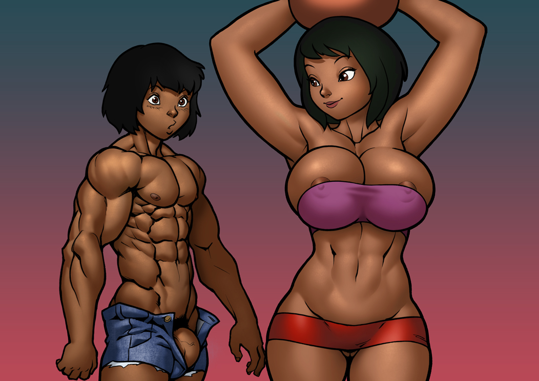 1boy 1girls 7:5 aged_up black_hair black_hair_female black_hair_male breasts brown_eyes brown_eyes_female brown_eyes_male dark-skinned_female dark-skinned_male dark_skin disney female furaffinity grown_up hairless_pussy holding_object indian looking_at_another looking_back looking_back_at_another male_nipples mowgli muscular_male nipple_bulge page_1 penis pokies pokkuti pussy questionable shanti short_black_hair short_hair short_hair_female short_hair_male the_jungle_book topless_male