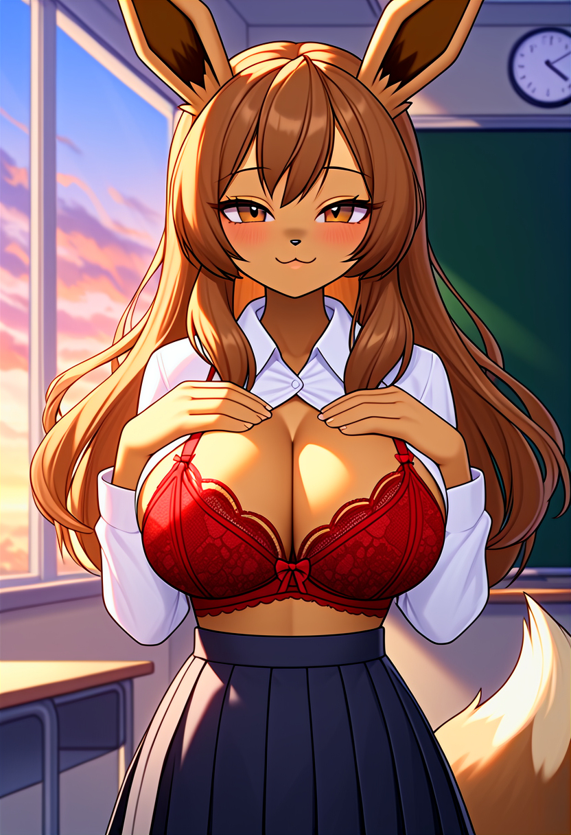 ai_generated big_breasts blue_skirt breasts brown_body brown_fur brown_hair cleavage creatures_(company) eeveelution evee female female_focus female_only kemonogirls large_breasts nintendo pleated_skirt pokemon pokemon_(species) red_bra school_uniform schoolgirl solo