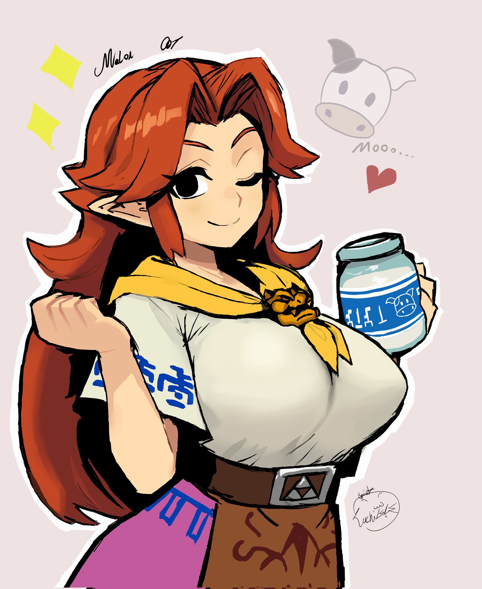 1girls, belt, bottle, breasts, curtained hair, female, female only, highres, large breasts, lon lon milk, long hair, lunchiblz, malon, milk bottle, neckerchief, nintendo, ocarina of time, one eye closed, orange hair, pointy breasts, pointy ears, shirt, sidelocks, skirt, smile, solo, the legend of zelda