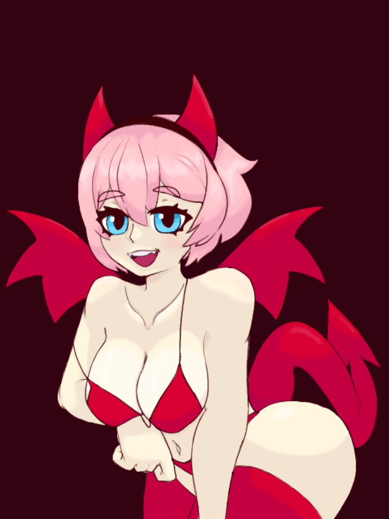 alternate_version_available big_breasts blue_eyes blush bra_strap_down costume demon_horns demon_tail demon_wings devil_costume devil_horns devil_tail digital_media_(artwork) doki_doki_literature_club fuck_me_eyes human pale_skin punk_hair red_clothing red_thighhighs revealing_clothes sayori_(doki_doki_literature_club) seductive_eyes seductive_look seductive_smile short_hair spearmph strap_slip tail teasing thighhighs wings