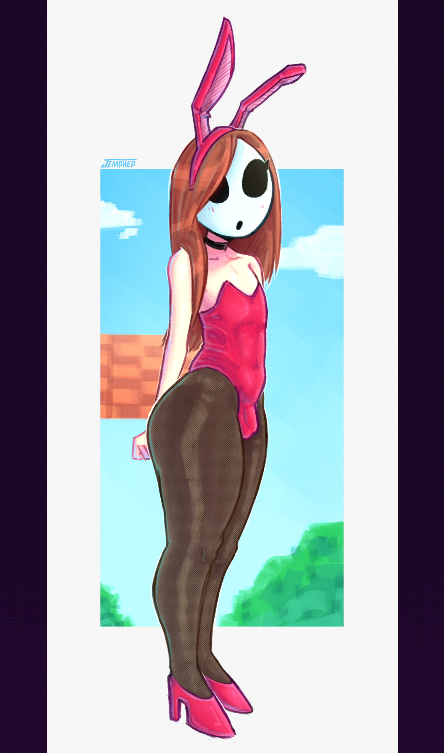 1boy, 1femboy, 2d, brown hair, bulge, bunny ears, bunnysuit, color, femboy, femboy only, heels, high heels, jemphep, leotard, long hair, male, male only, male playboy bunny, mario (series), mask, masked, masked male, pantyhose, penis, playboy bunny, shy guy, small penis, solo, strapless leotard, trap