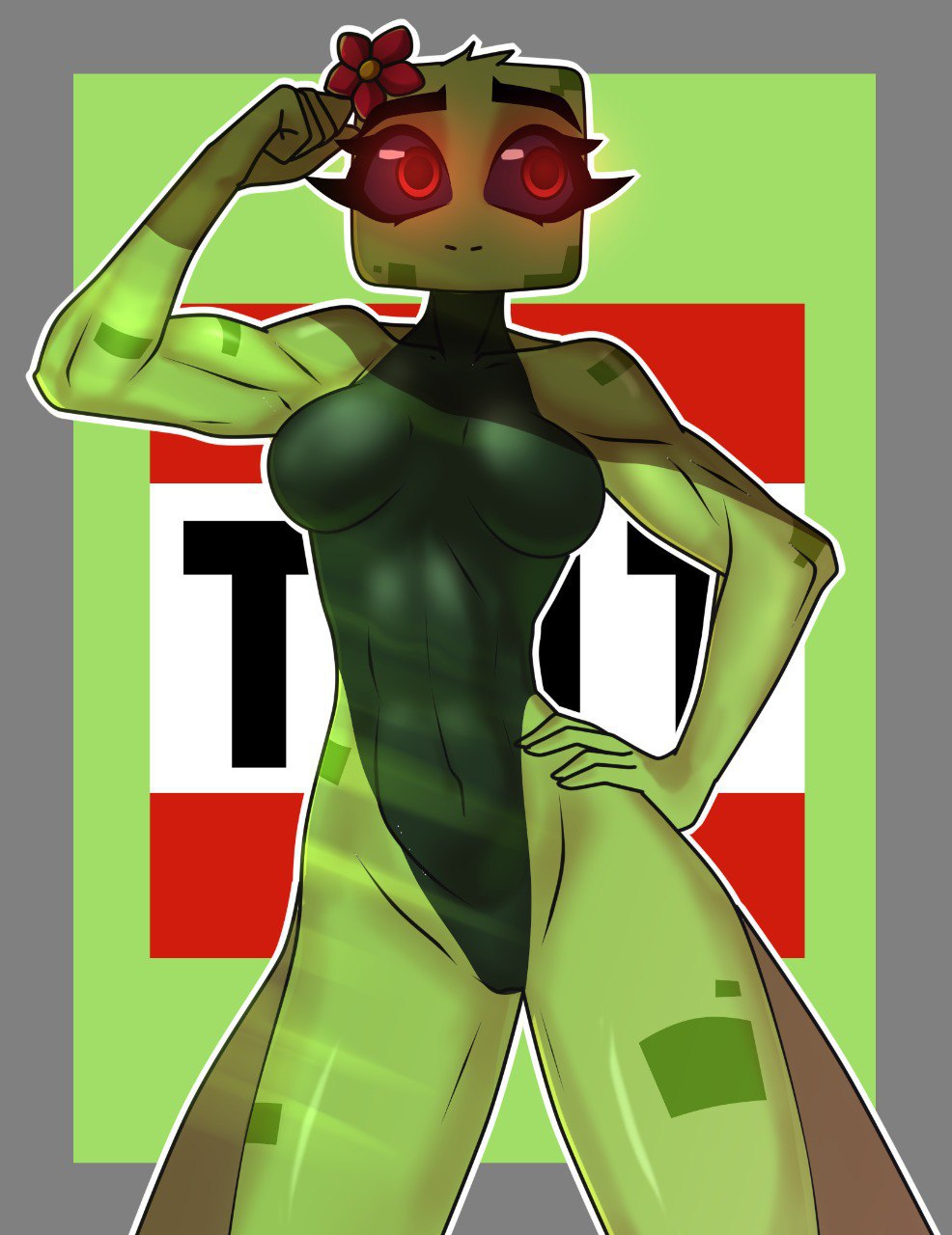 chaoslair clothed clothed_female creeper creeper_(minecraft) creeper_girl flower_in_hair green_body green_skin hornycraftgame leotard minecraft minecraft_mob posing solo solo_female solo_focus square_head