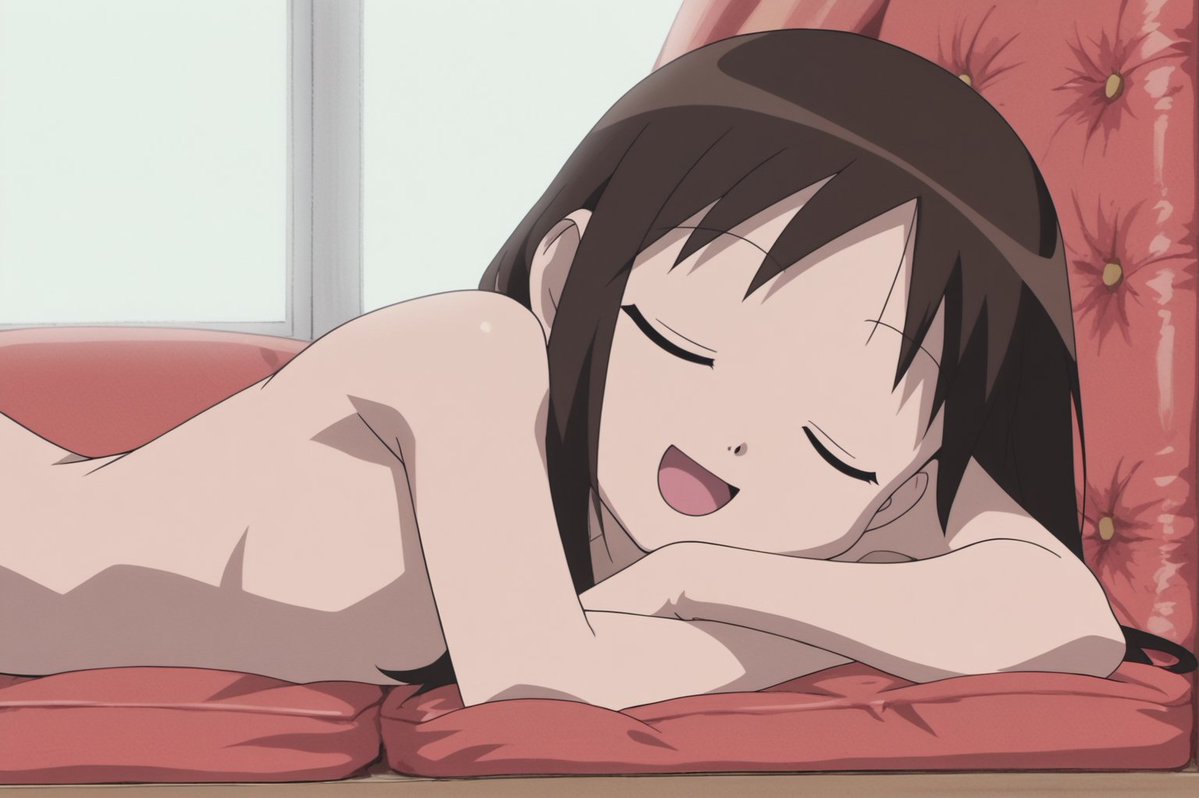 ai_generated aizumanga azumanga_daiou closed_eyes couch cute open_mouth osaka_ayumu_kasuga sleeping sleeping_nude