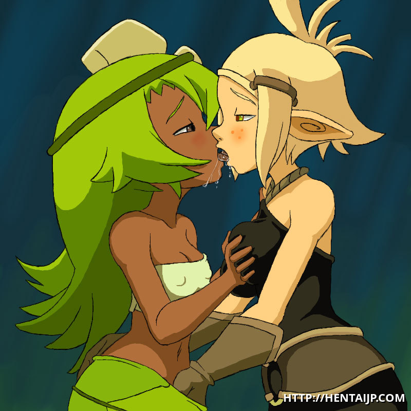 2girls, amalia, blonde hair, cra, dark skin, dark-skinned female, evangelyne, female, female only, green hair, interracial, interspecies, kissing, long hair, multiple females, multiple girls, mutual yuri, sadida, short hair, strapless, tagme, tubetop, wakfu, yuri