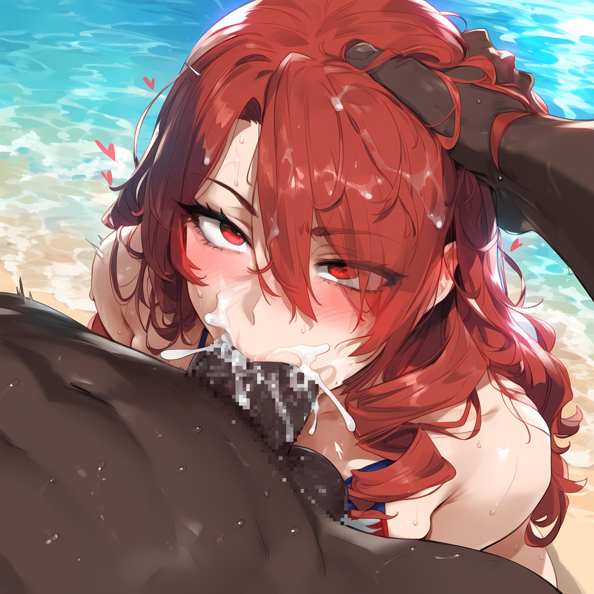 ai generated, cum, cum in mouth, cum inside, dark skin, dark-skinned male, female, male, mitsuru kirijo, persona, persona 3, persona 3 portable, red eyes, red hair