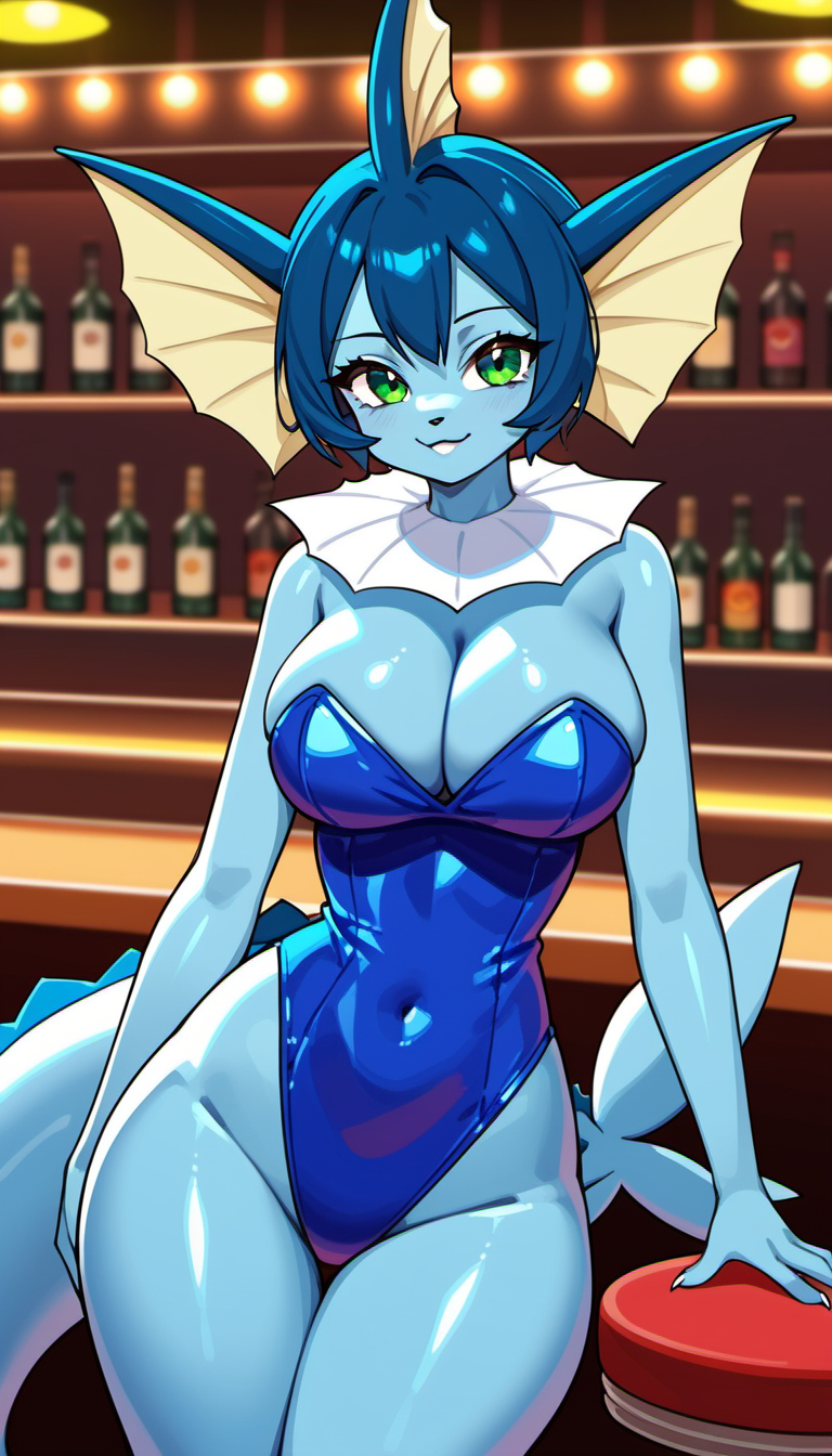 :3 ai_generated big_breasts blue blue_body blue_hair blue_skin blue_skinned_female breasts bunny_girl bunnysuit cleavage female game_freak gamefreak green_eyes kemonogirls large_breasts nintendo pokemon pokemon_(species) solo vaporeon