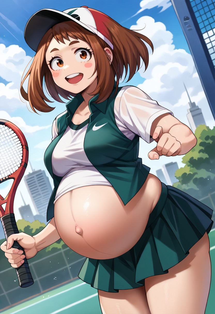 ai_generated bare_belly my_hero_academia ochako_uraraka pregnant pregnant_belly tennis_racket tennis_skirt tennis_uniform uraraka_ochako