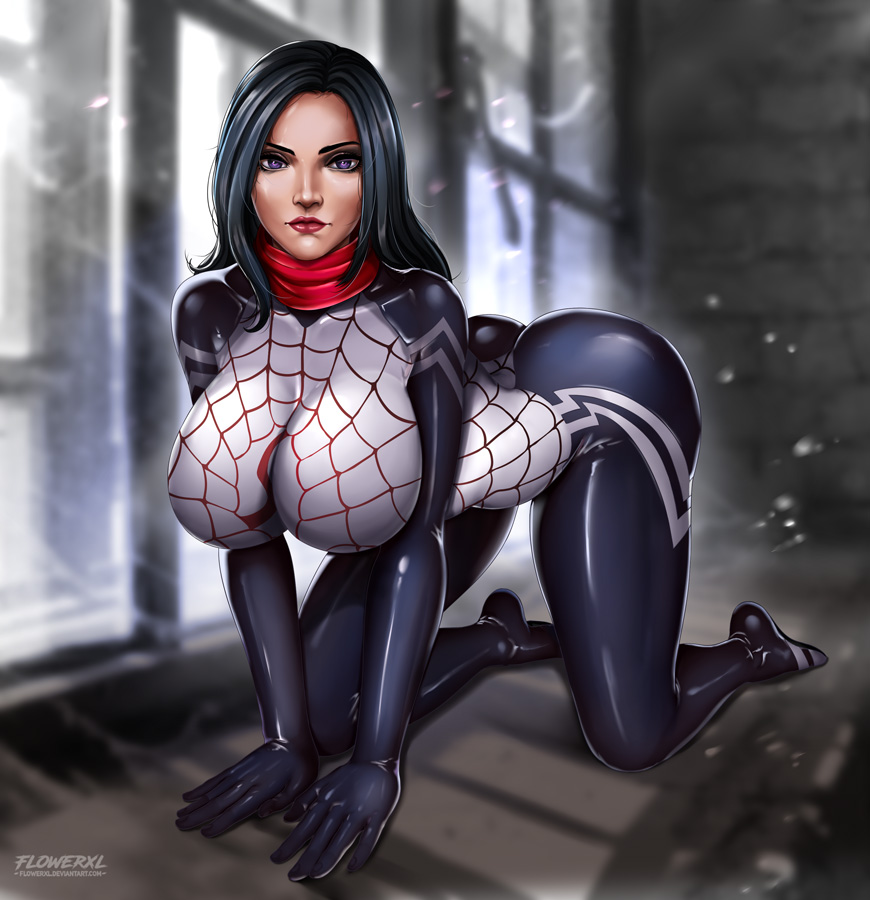 all_fours big_breasts bodysuit breasts cindy_moon cleavage female female_only flowerxl large_breasts looking_at_viewer marvel pinup silk silk_(marvel) solo spider-man_(series) tight_clothing