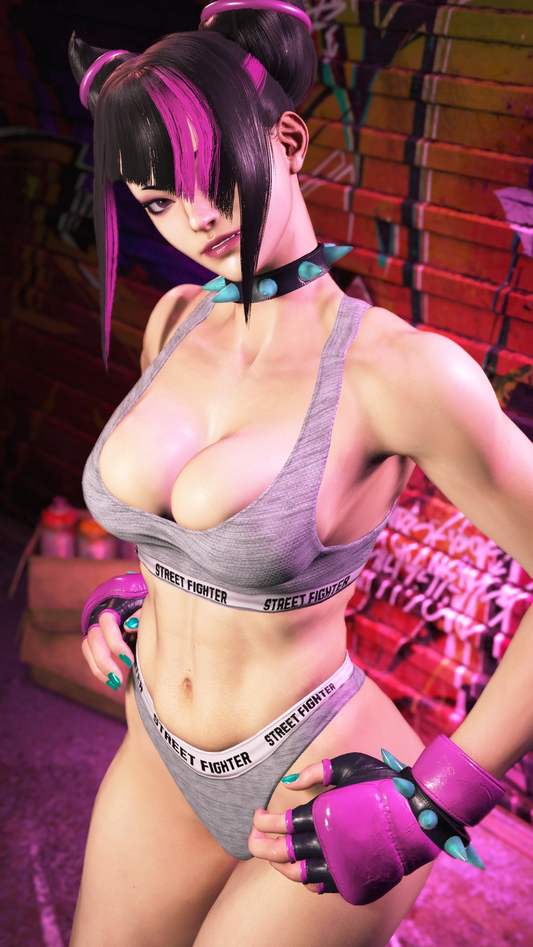 1girls 3d 3d_model asian asian_female big_breasts black_hair blurry_background bra branded_clothes branded_clothing breasts capcom cleavage clothed clothing depth_of_field detailed_background female female_solo fingerless_gloves gloves grey_bra grey_panties grey_underwear hair_over_one_eye handwear juri_han korean large_breasts light-skinned_female light_skin looking_at_viewer mod multicolored_hair one_eye_covered one_eye_obstructed panties portrait purple_eyes purple_hair sf_screenshot short_hair solo solo_female standing street_fighter street_fighter_6 three-quarter_portrait two-tone_hair two_tone_hair underwear