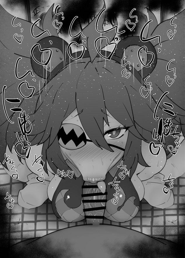 :>=, 1boy, 1girls, bare shoulders, big penis, black and white, blush, breasts, censored, dark skin, dark-skinned female, dark-skinned male, detailed background, drooling, eyelashes, eyepatch, fake animal ears, fellatio, female, footwear, heart, human, indoor, inside, koleda belobog, kurotama, long hair, looking at viewer, male, male pov, oral, oral sex, penis, room, saliva, shiny, shiny skin, sketch, small breasts, sound effects, squatting, sweat, text, tied hair, tongue, tongue out, twintails, vein, veins, veiny, veiny penis, zenless zone zero