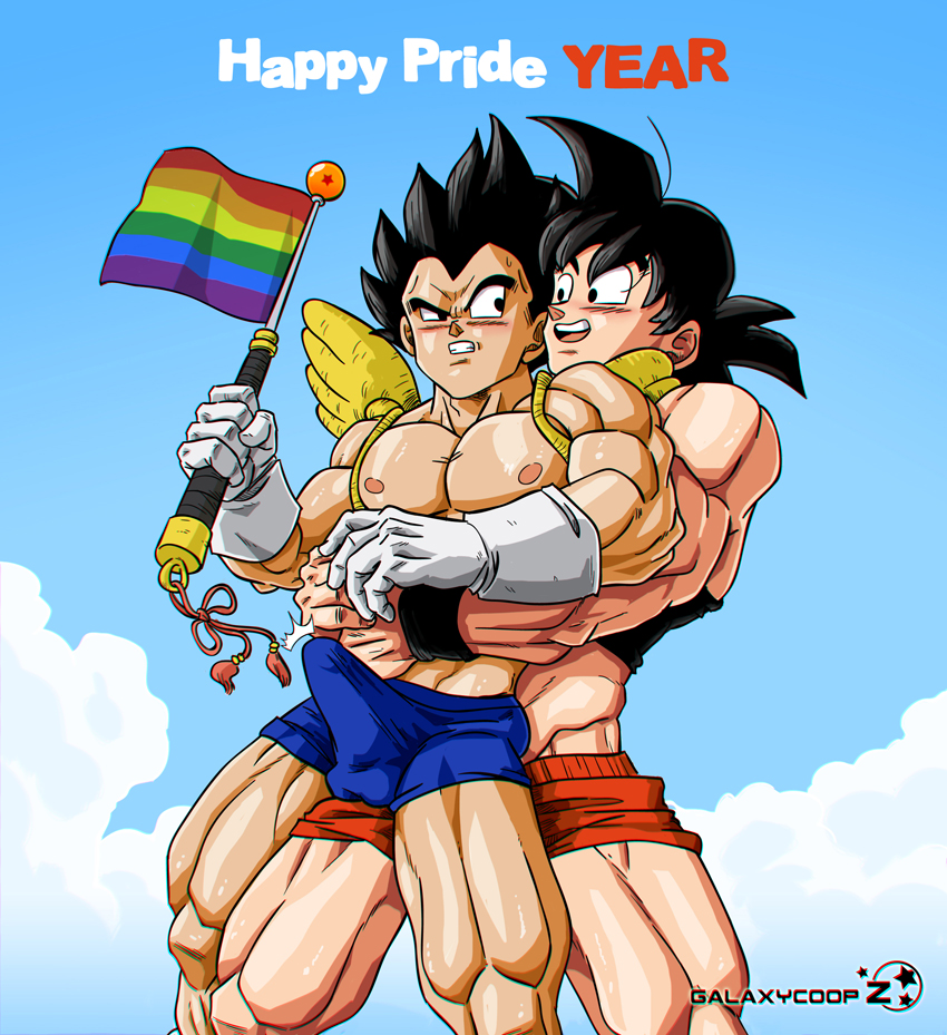 balls black_hair boner dragon_ball dragon_ball_z erection erection_under_clothes galaxycoop gay male male_only muscles muscular penis pride_flag saiyan son_goku vegeta widow's_peak