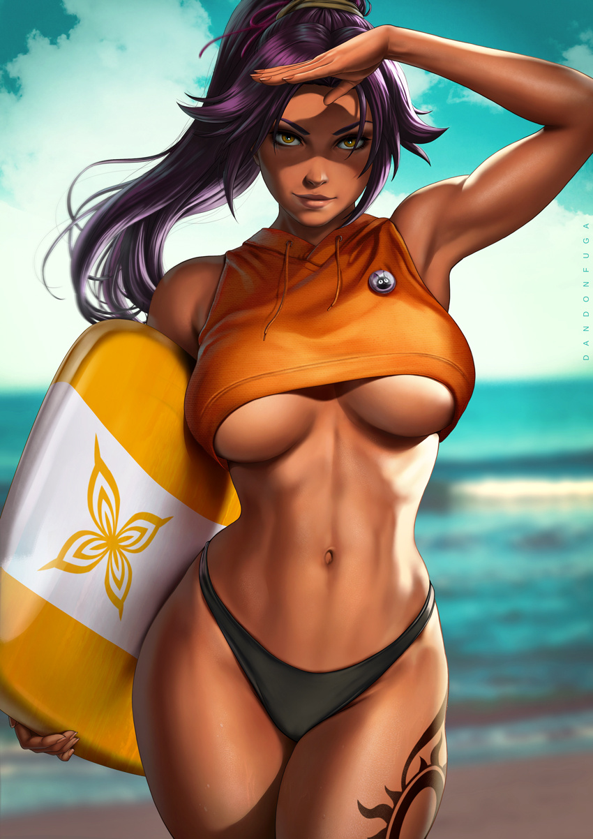 1girls alternate_costume armpits bleach breasts dandon_fuga dark-skinned_female dark_skin female female_only large_breasts lips long_hair looking_at_viewer navel ponytail purple_hair sea shihouin_yoruichi solo summer surfboard swimsuit tattoo thick_thighs thunder_thighs toned underboob wet yellow_eyes