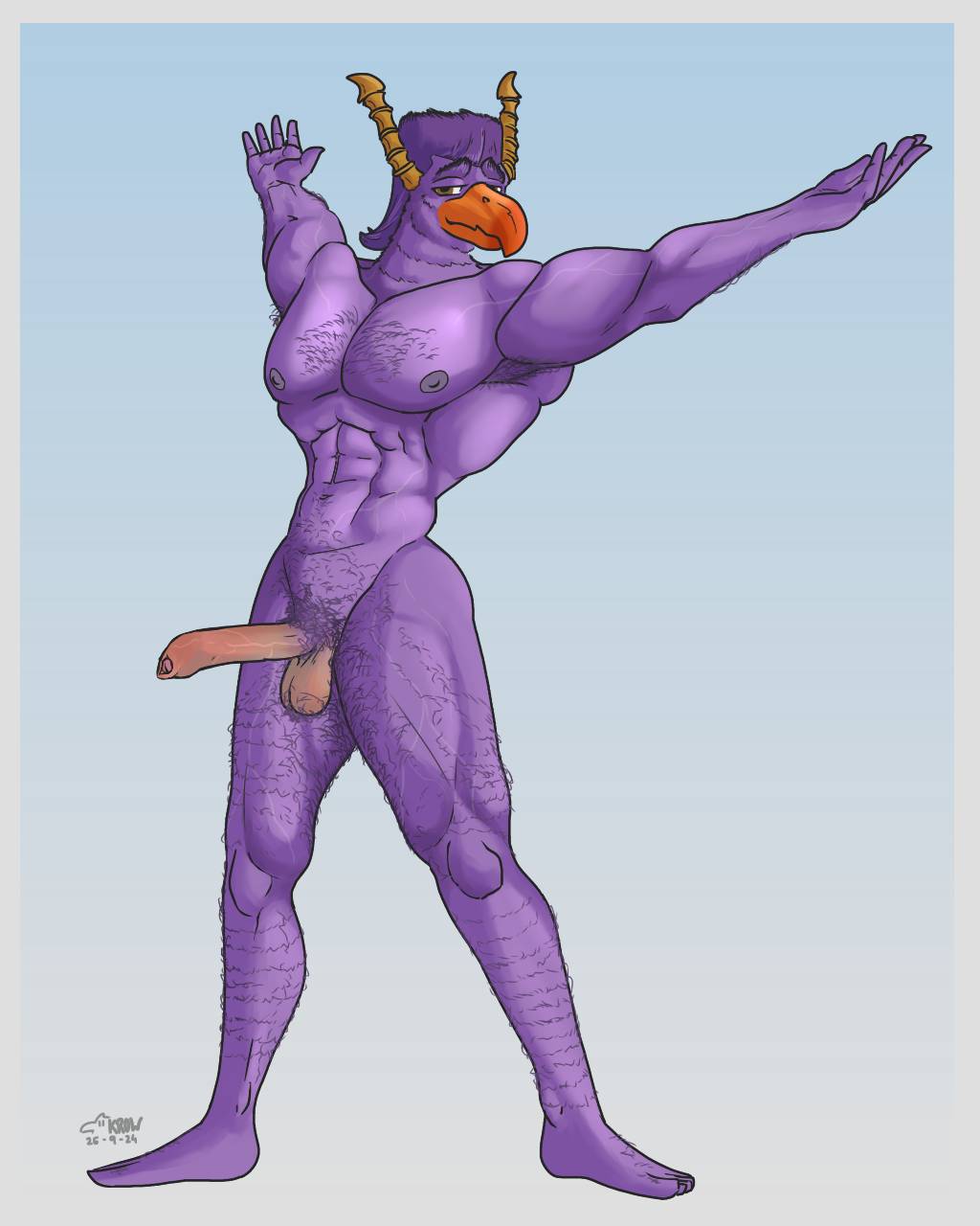 abs anthro armpit_hair avian balls beak biceps big_muscles big_pecs body_hair brock_pearson chest_hair digital_media_(artwork) disney erection foreskin genitals hair hairy happy_trail hi_res horn humanoid_genitalia humanoid_penis jock krowbutt leg_hair looking_at_viewer male male_only manly monster monsters_inc monsters_university muscular muscular_anthro muscular_male muscular_thighs navel nipples nude orange_beak pecs penis pixar pubes purple_body purple_hair raised_arm raised_arms realistic_penis_size simple_background solo standing unretracted_foreskin v-cut vein veiny_muscles veiny_penis wide_stance