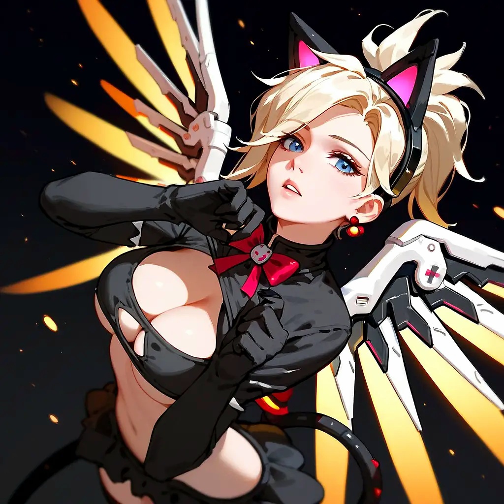 ai generated, black cat mercy, blizzard entertainment, blue eyes, cat ears, cat girl, catgirl, female, mercy, overwatch, overwatch 2