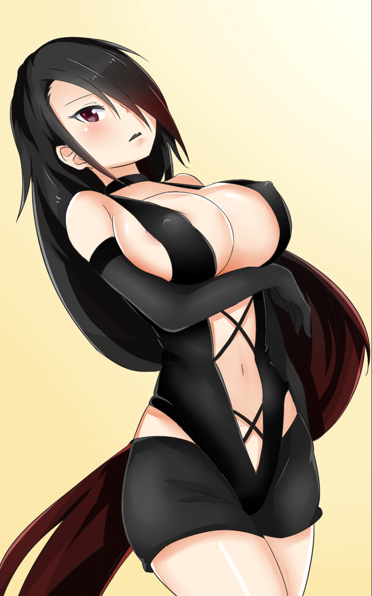 1girls, black hair, black lips, black lipstick, blush, booty calls, breasts, clothed, female, female only, looking at viewer, nipples, partially clothed, raven (booty calls), red hair, simple background, solo, tagme