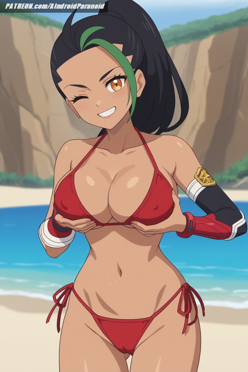 ai_generated aindroidparanoid armwear ass beach big_ass big_breasts bikini black_hair breasts busty cameltoe cleavage curvy dark_skin fat_ass female female_only front_view grabbing_own_breast green_hair head_tilt hips large_breasts multicolored_hair narrow_waist nemona_(pokemon) outdoors pokegirl pokemon pokemon_(species) ponytail presenting_breasts red_bikini sand side-tie_bikini_bottom smile solo solo_female squeezing squeezing_breast stable_diffusion standing swimwear voluptuous winking_at_viewer yellow_eyes