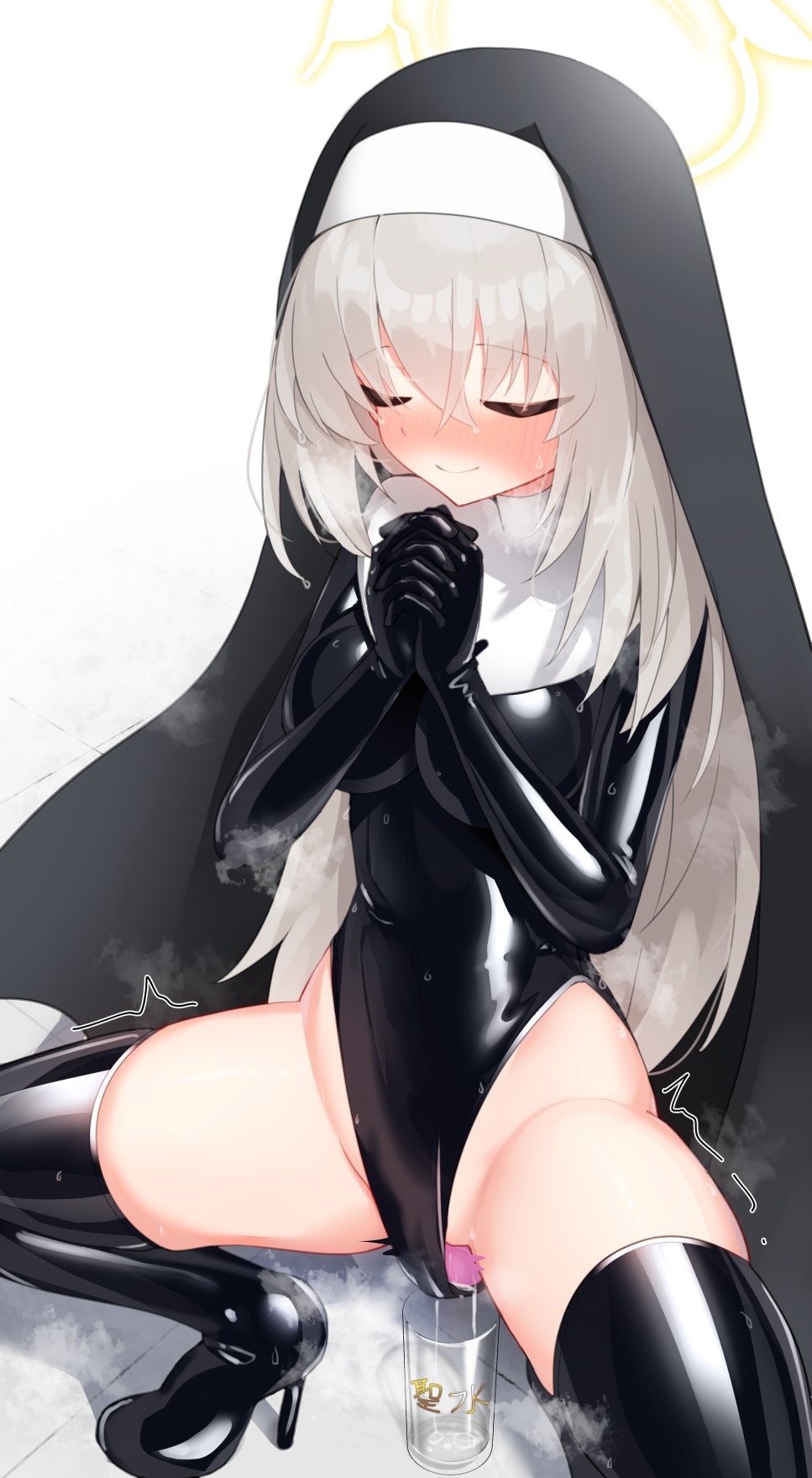 blue_archive blush bodysuit gloves highres holy_water latex latex_bodysuit leotard long_hair maguro27 nun praying pussy_juice sakurako_(blue_archive) sex_toy skin_tight vibrator white_hair zettai_ryouiki