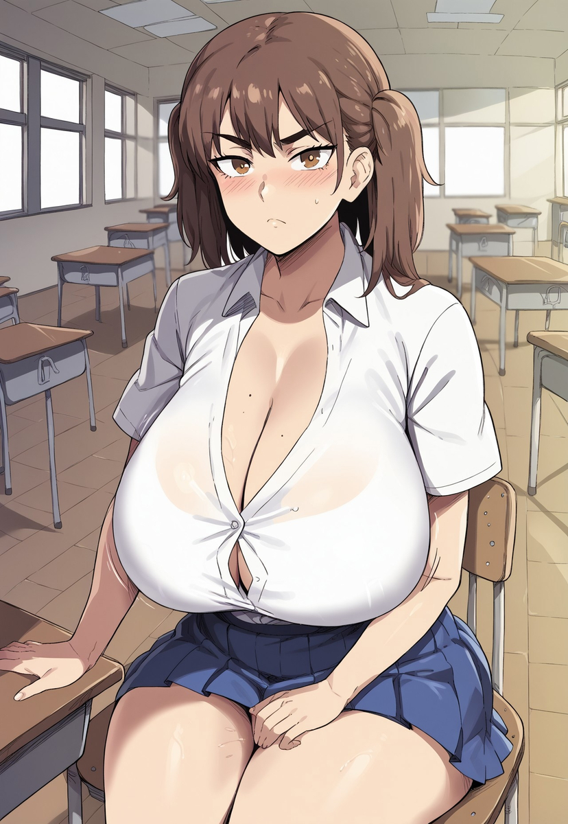 1girls ai_generated bangs big_breasts big_thighs blue_skirt blush breasts brown_eyes brown_hair busty classroom collared_shirt cowboy_shot female female_only gigantic_breasts huge_breasts huge_thighs large_breasts large_thighs looking_at_viewer massive_breasts medium_hair milkersenjoyer please_don't_bully_me,_nagatoro pleated_skirt school school_uniform schoolgirl shikki_(nagatoro) short_sleeves sitting_on_chair stern_look thick_thighs thighs twintails voluptuous white_shirt